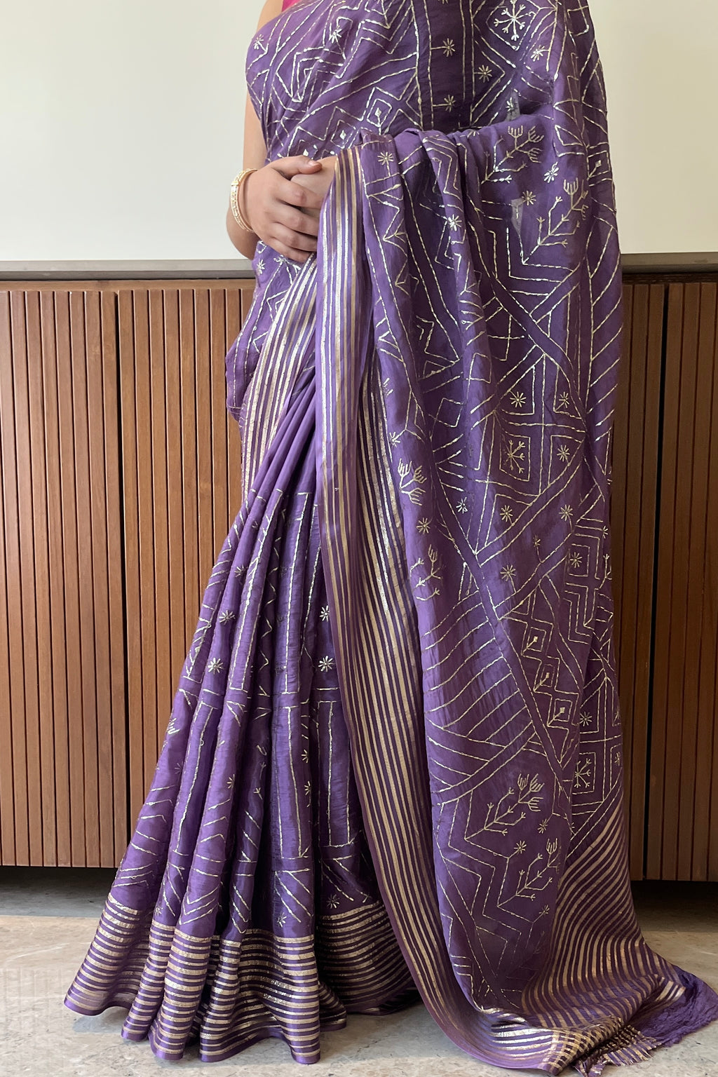 Geometric zari embroidered saree - Purple