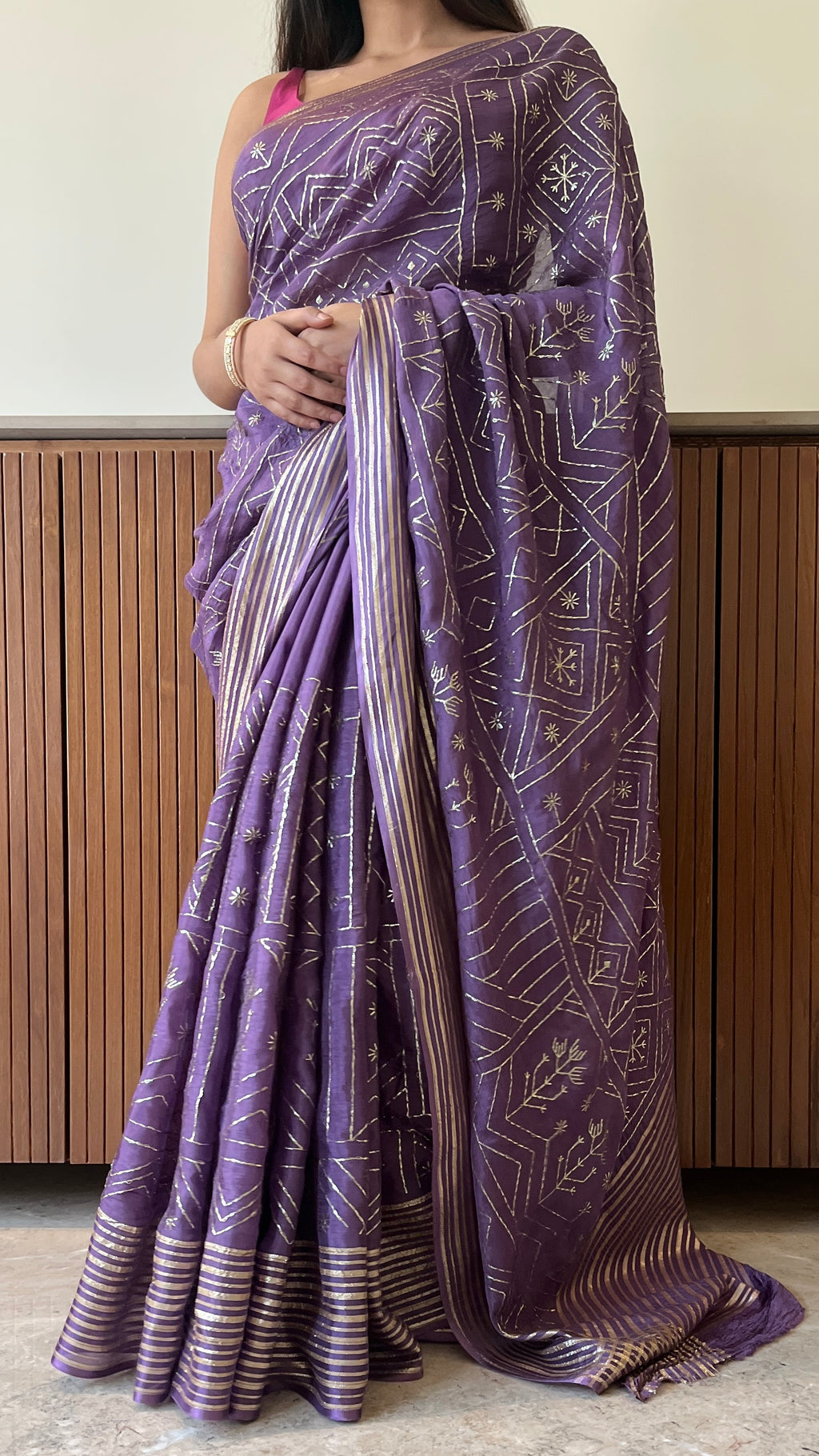 Geometric zari embroidered saree - Purple
