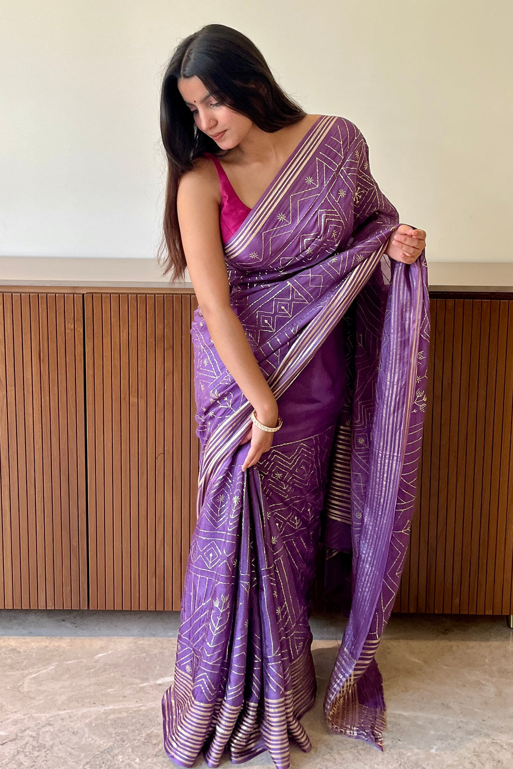 Geometric zari embroidered saree - Purple
