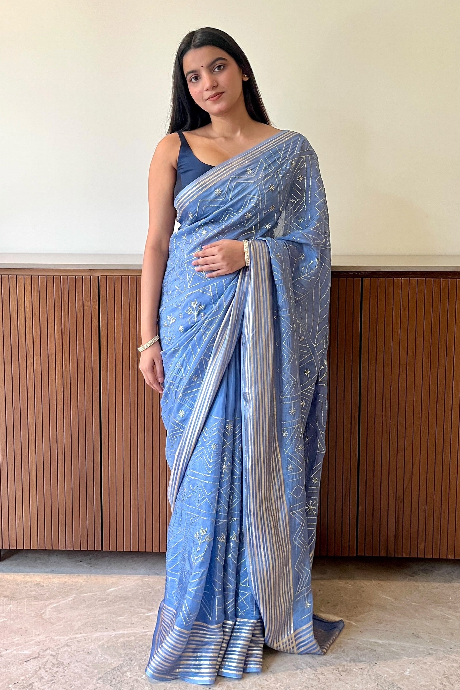 Geometric zari embroidered saree - Sky Blue