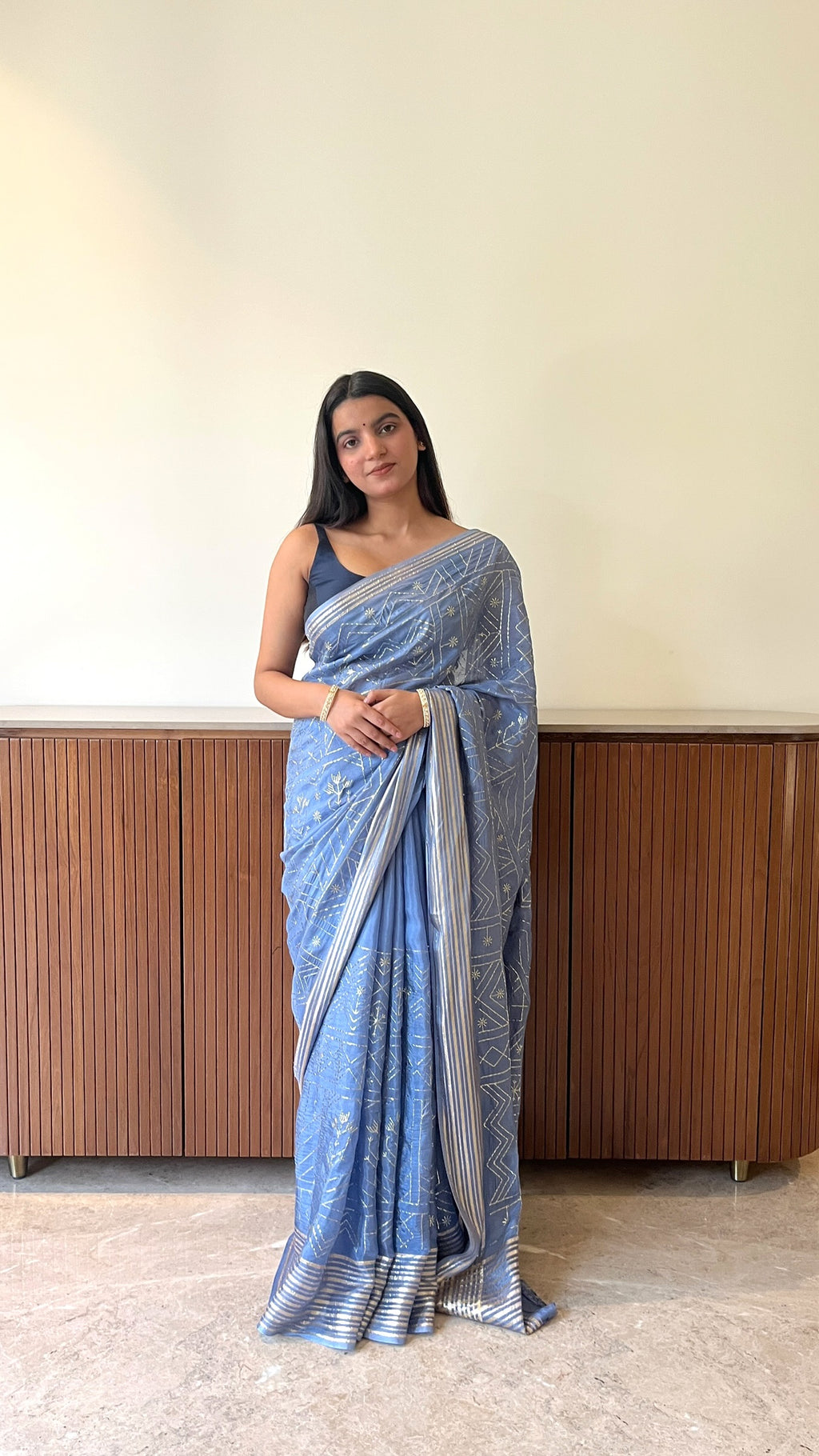 Geometric zari embroidered saree - Sky Blue