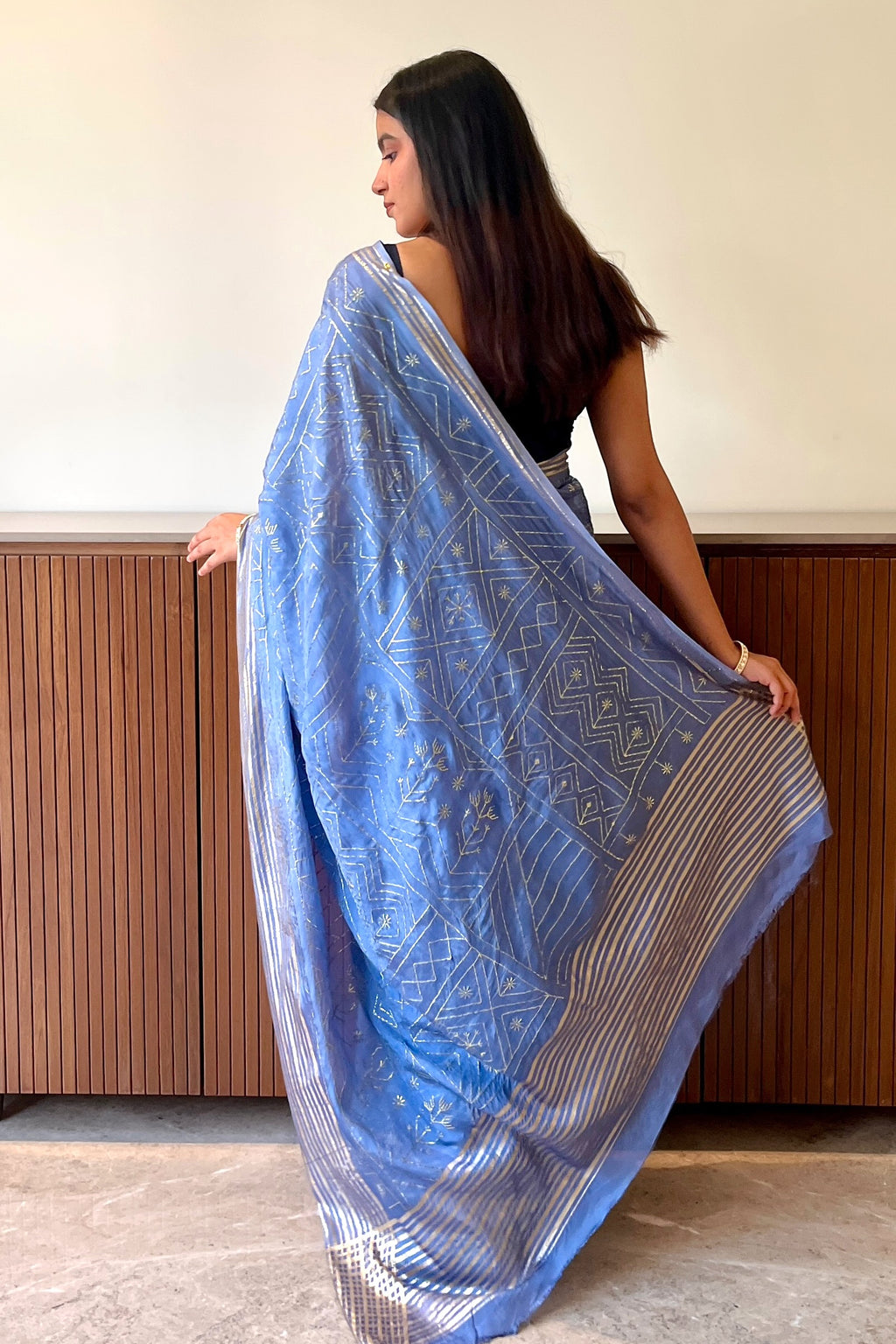 Geometric zari embroidered saree - Sky Blue