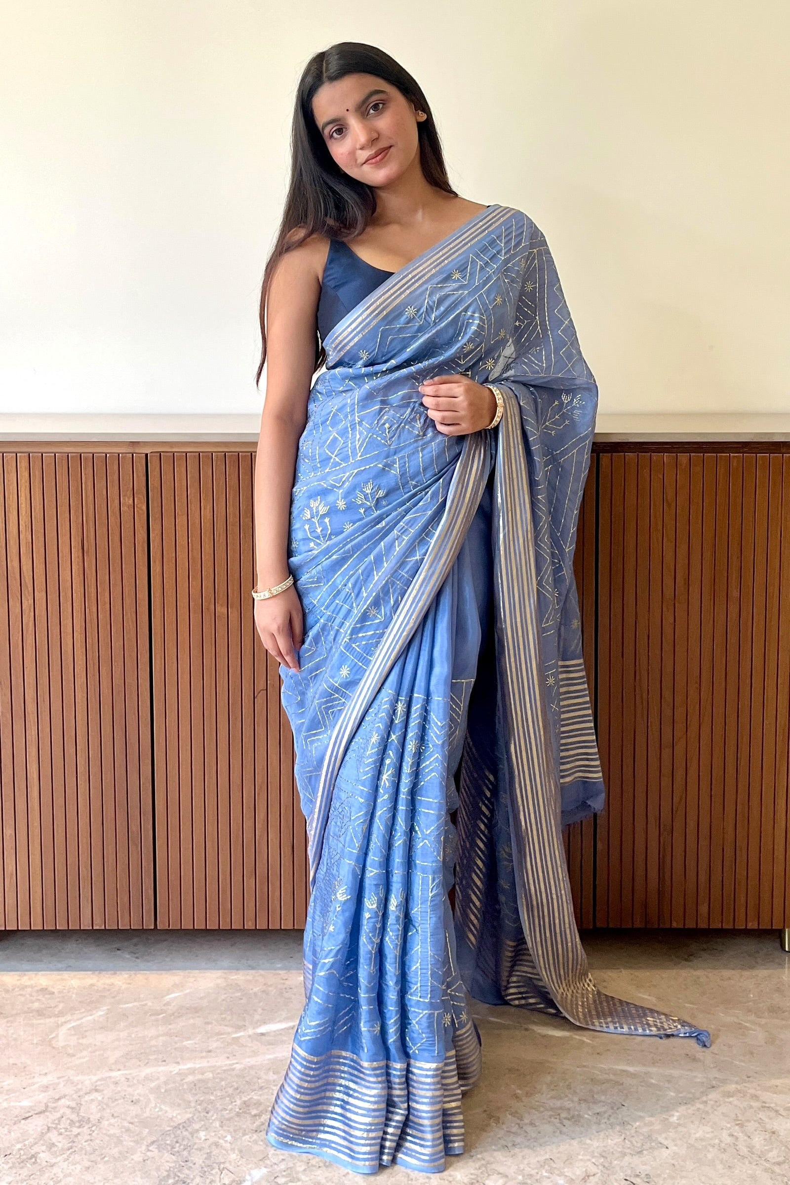 Geometric zari embroidered saree - Sky Blue