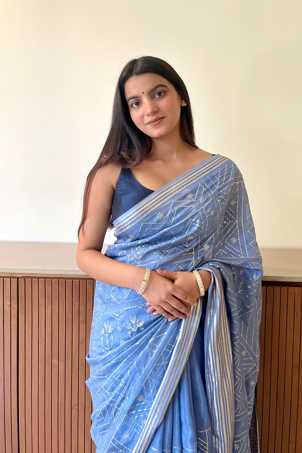 Geometric zari embroidered saree - Sky Blue