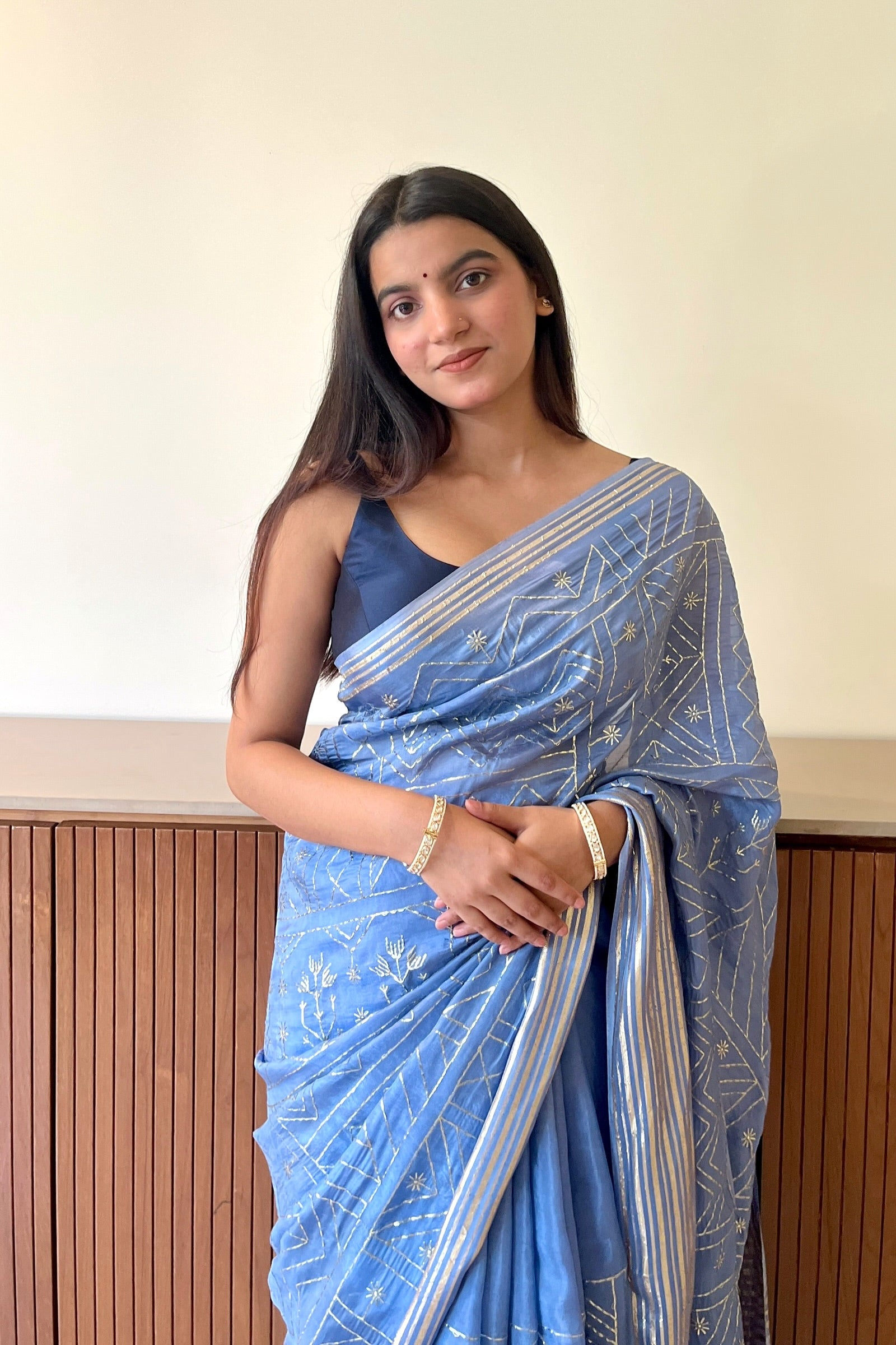 Geometric zari embroidered saree - Sky Blue