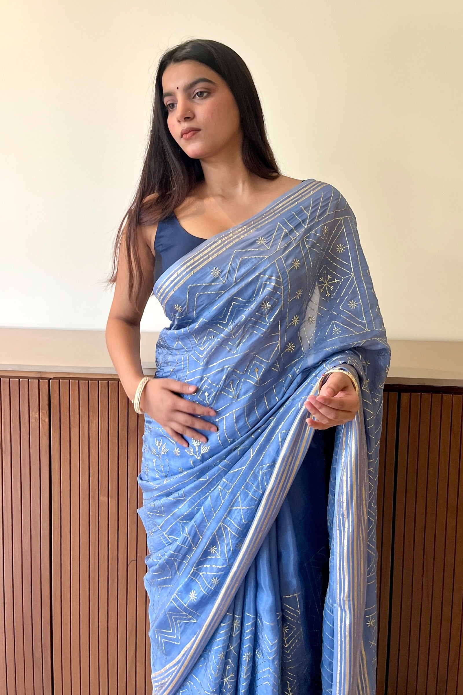 Geometric zari embroidered saree - Sky Blue