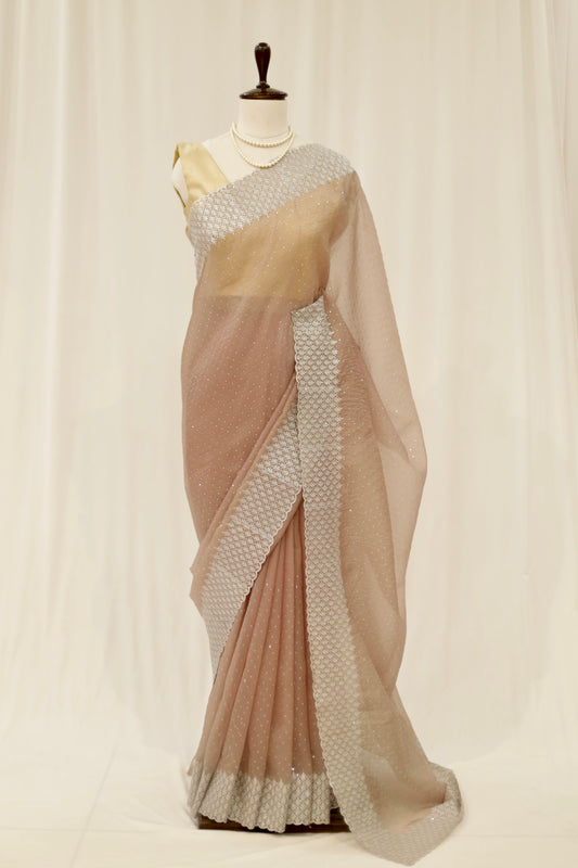 Chikoo brown soft organza saree