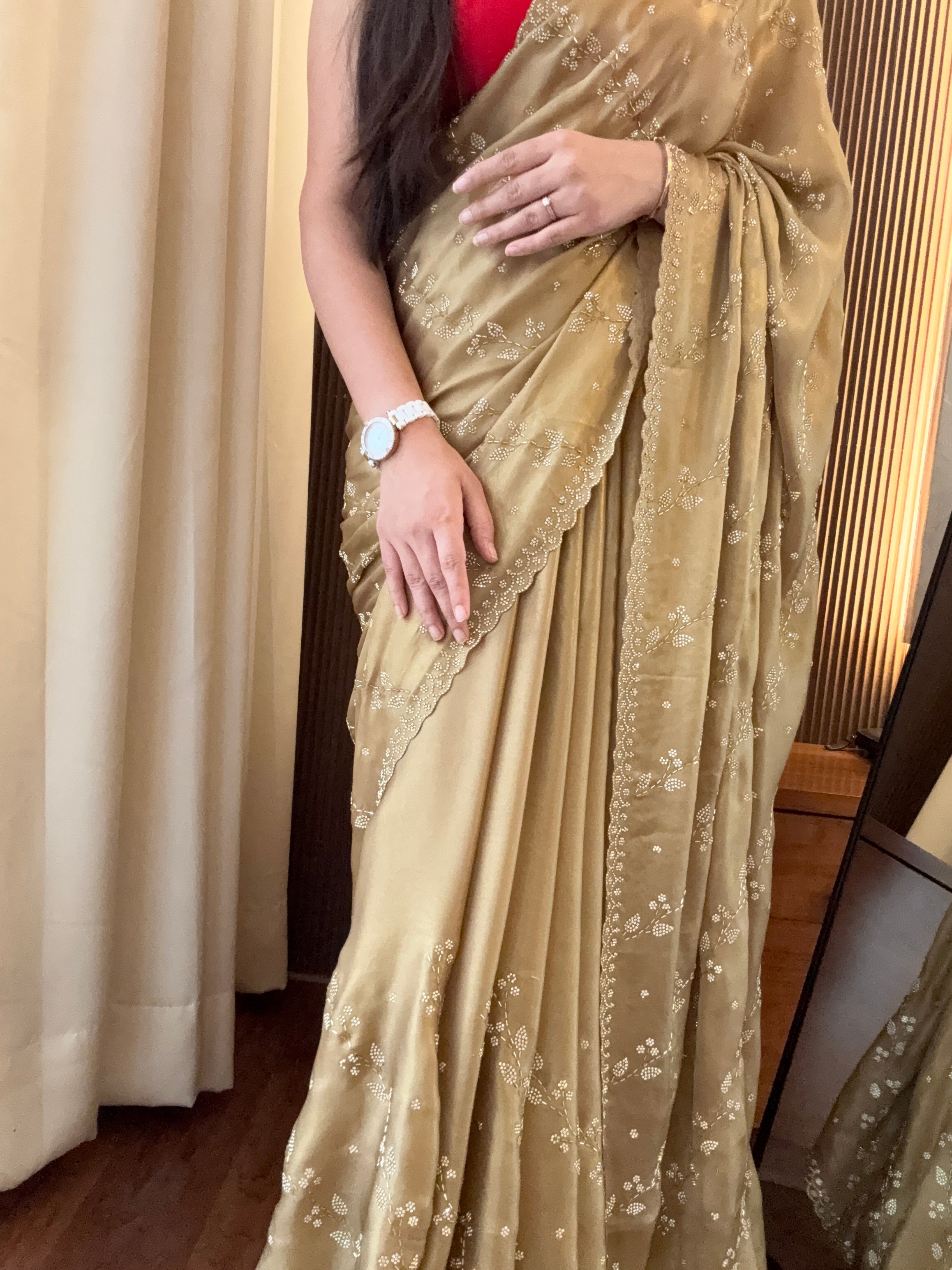 Golden shimmer satin saree