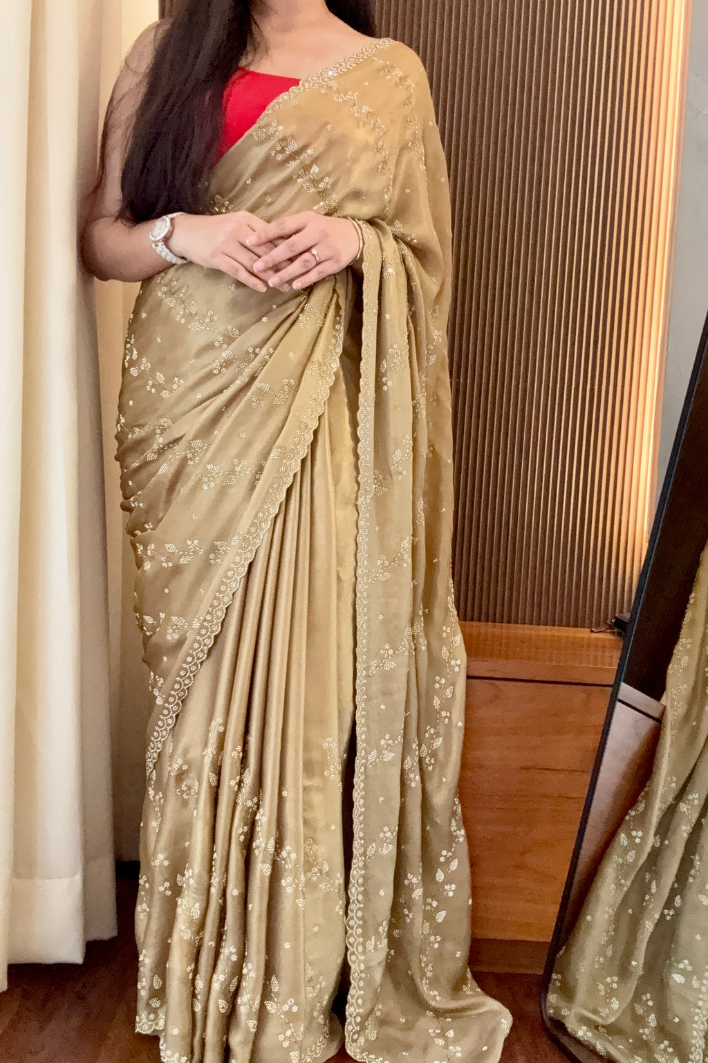 Golden shimmer satin saree