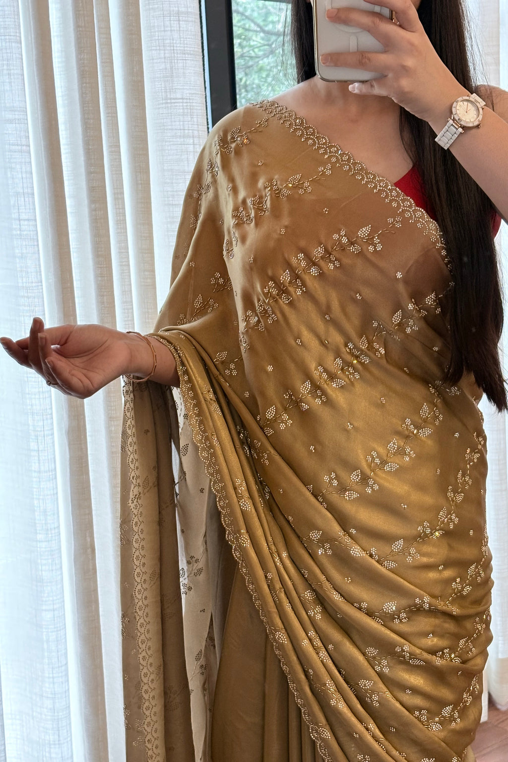 Golden shimmer satin saree