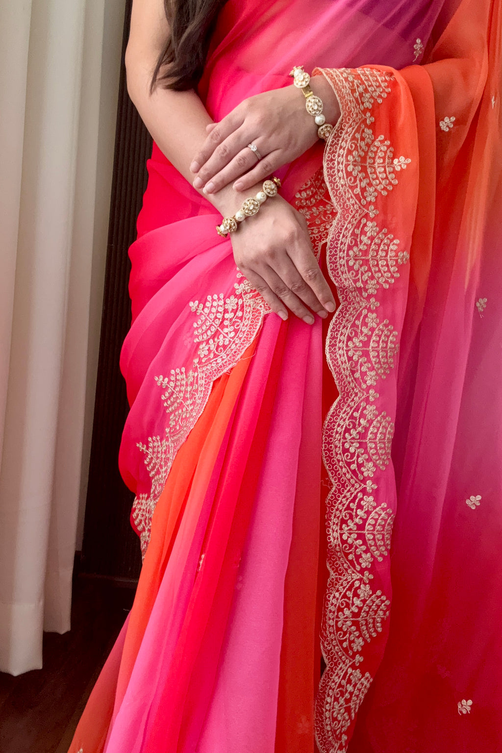 Ombre Pink & Orange Chiffon Saree with Embroidered Scalloped Border