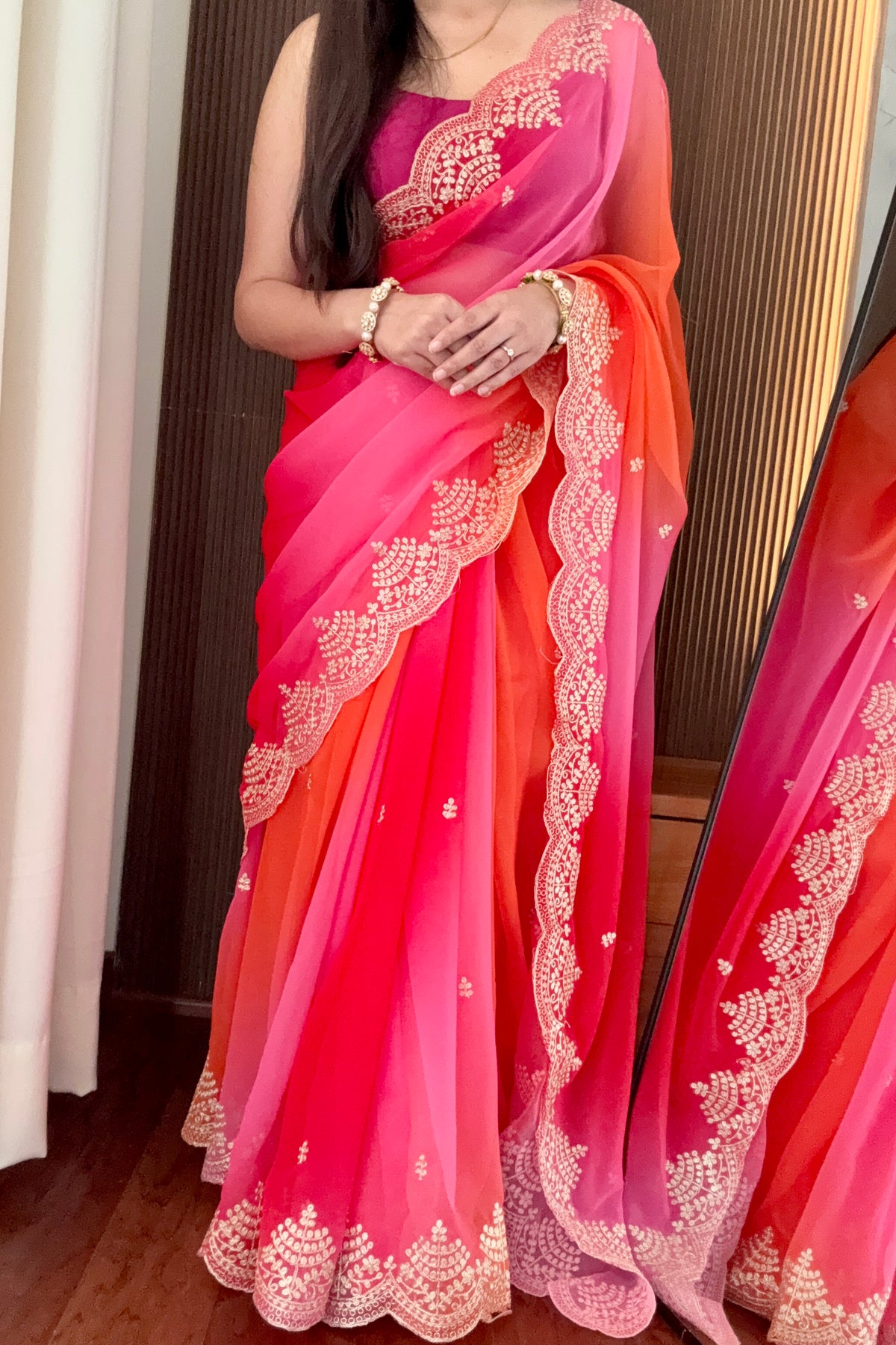 Ombre Pink & Orange Chiffon Saree with Embroidered Scalloped Border