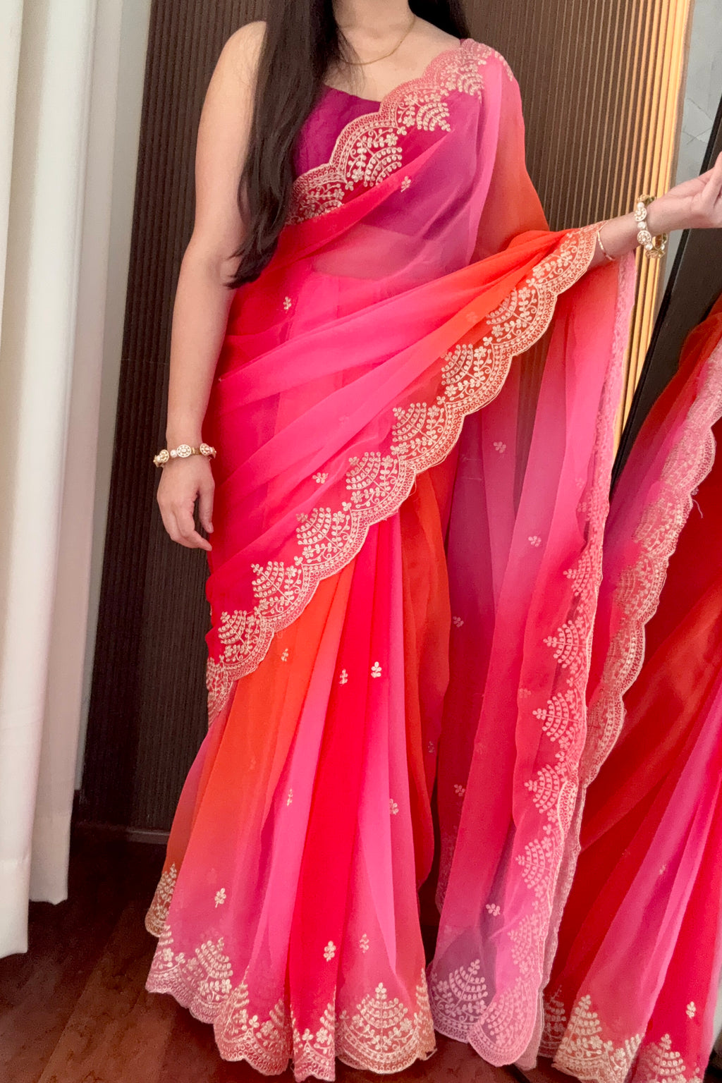 Ombre Pink & Orange Chiffon Saree with Embroidered Scalloped Border