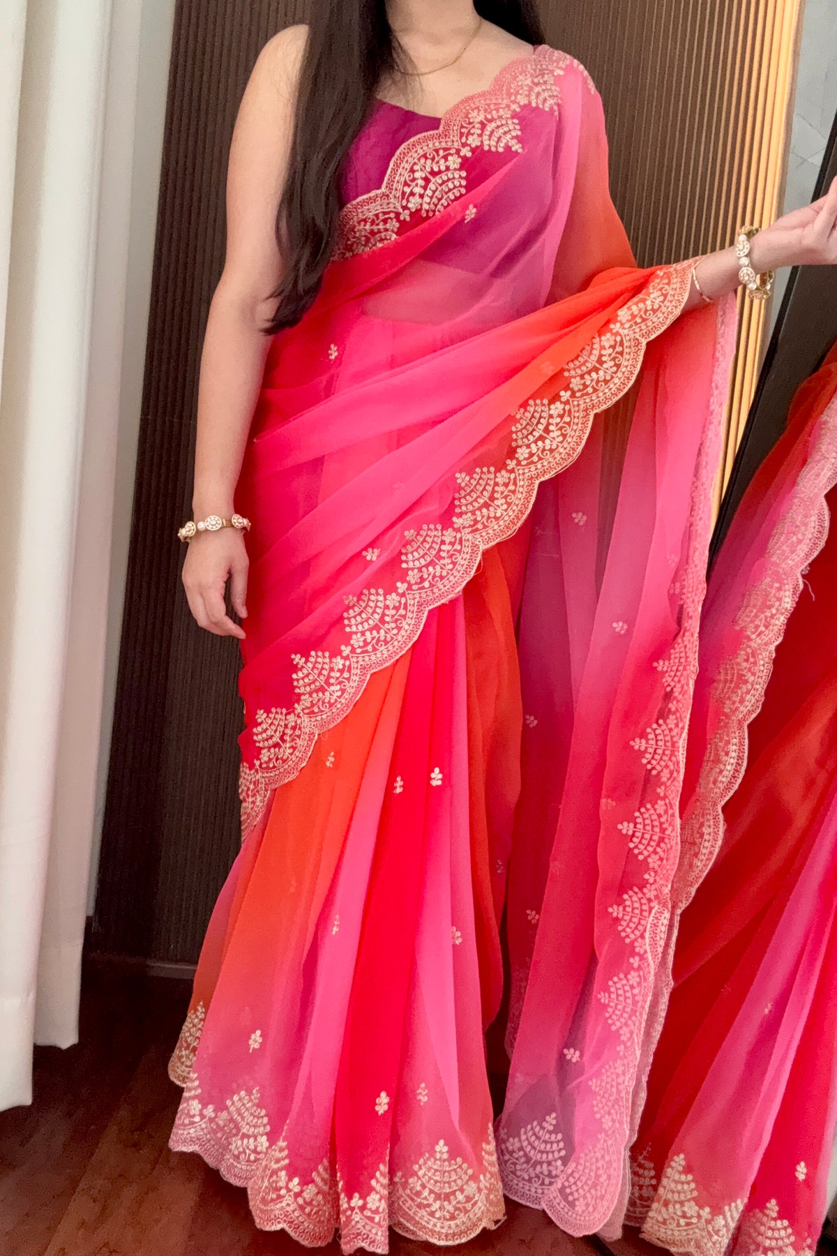 Ombre Pink & Orange Chiffon Saree with Embroidered Scalloped Border
