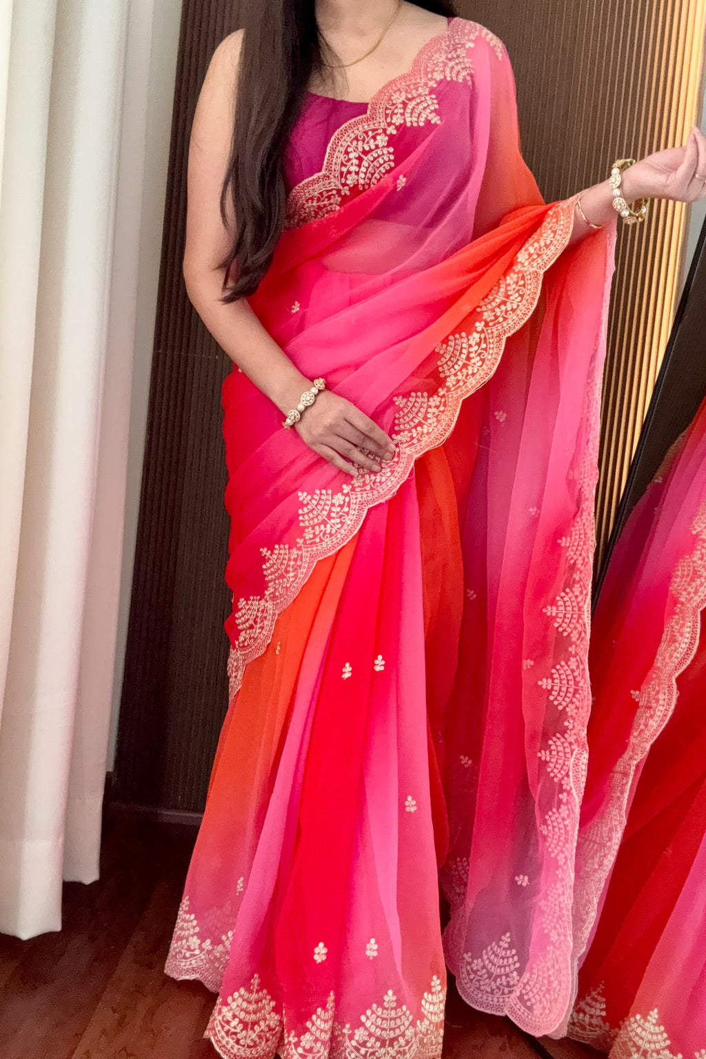 Ombre Pink & Orange Chiffon Saree with Embroidered Scalloped Border