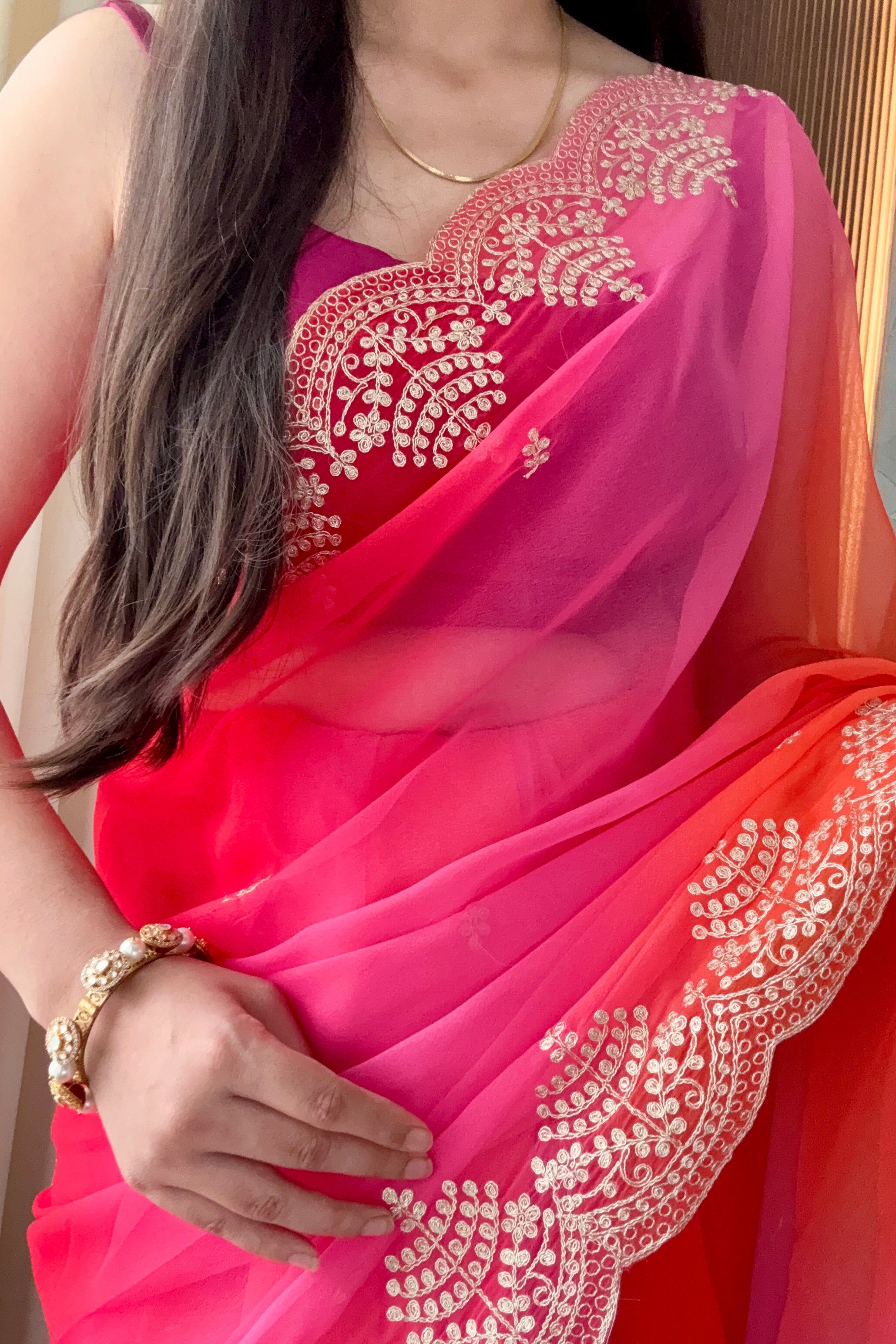 Ombre Pink & Orange Chiffon Saree with Embroidered Scalloped Border