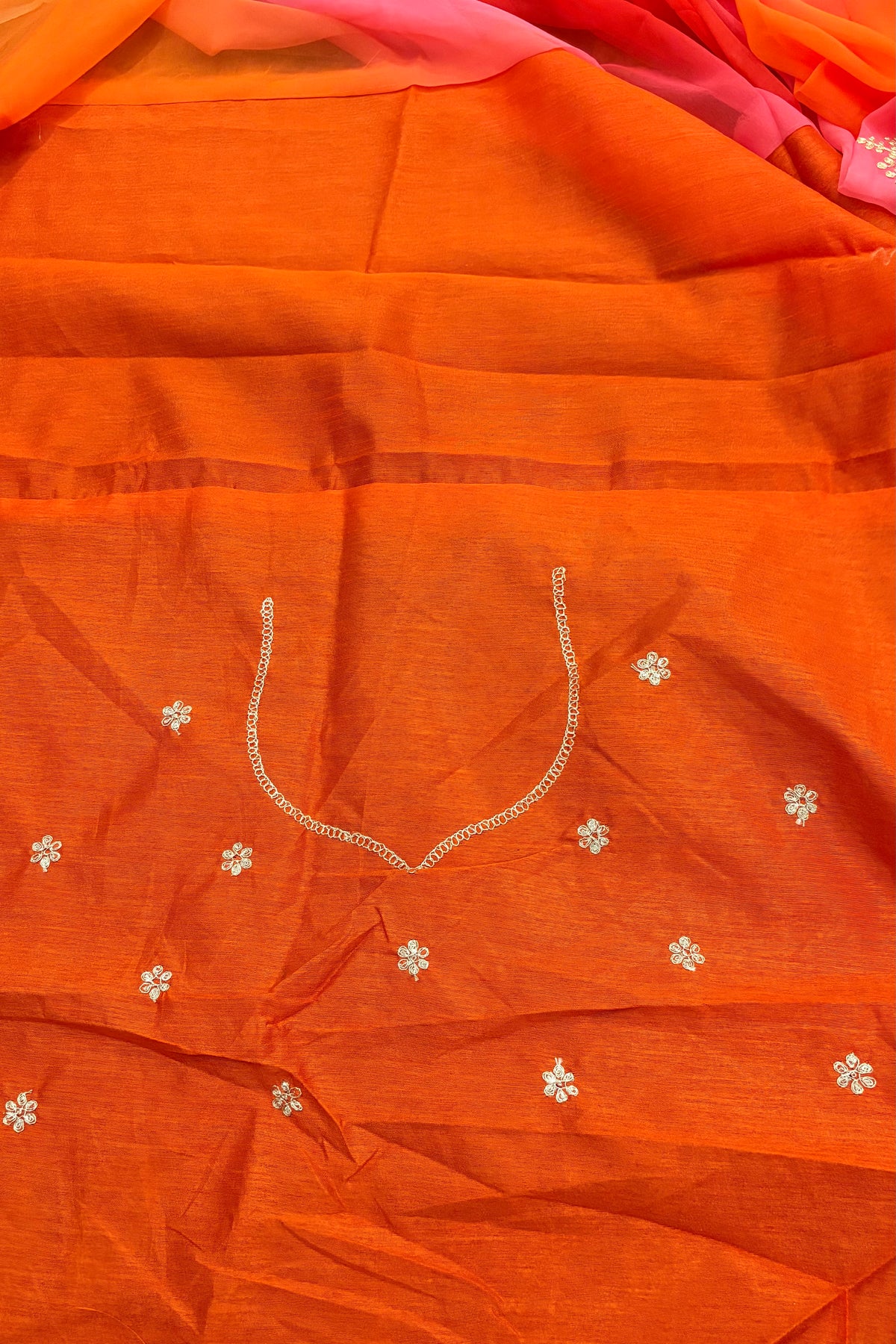 Ombre Pink & Orange Chiffon Saree with Embroidered Scalloped Border