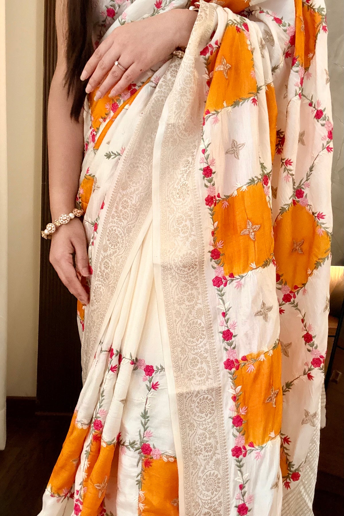 Pure dola silk checks embroidered saree - Ivory