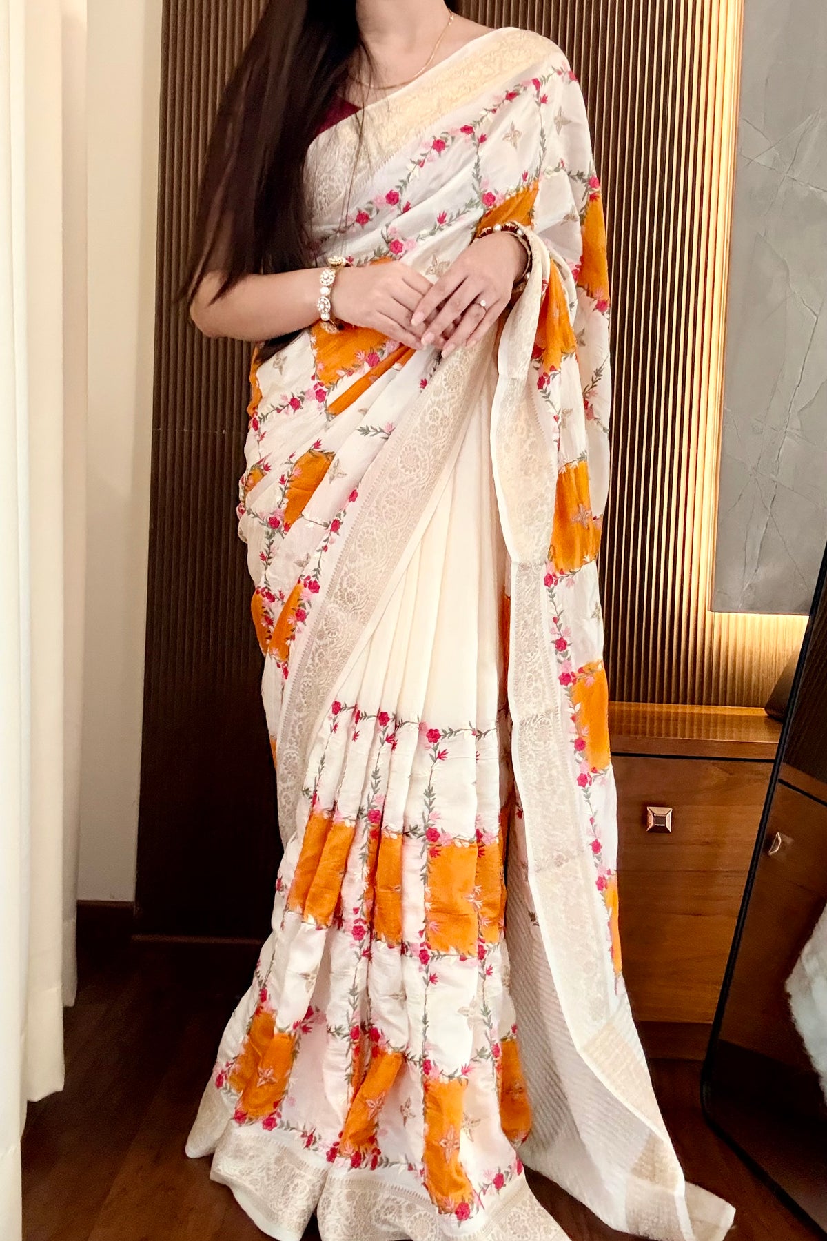 Pure dola silk checks embroidered saree - Ivory