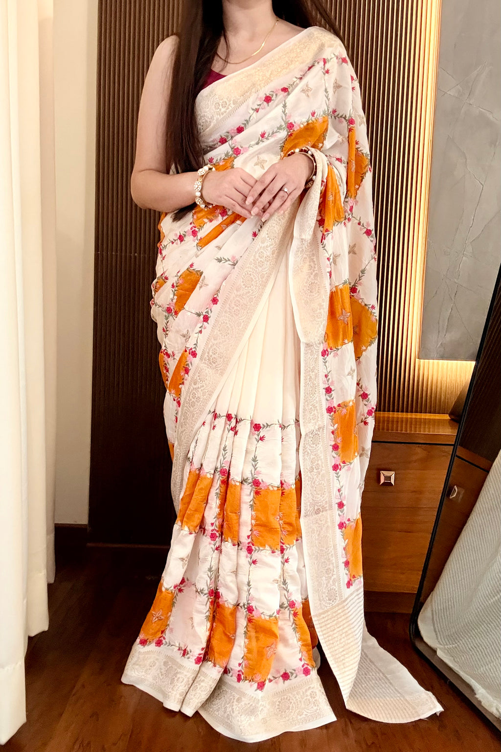 Pure dola silk checks embroidered saree - Ivory