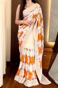 Pure dola silk checks embroidered saree - Ivory