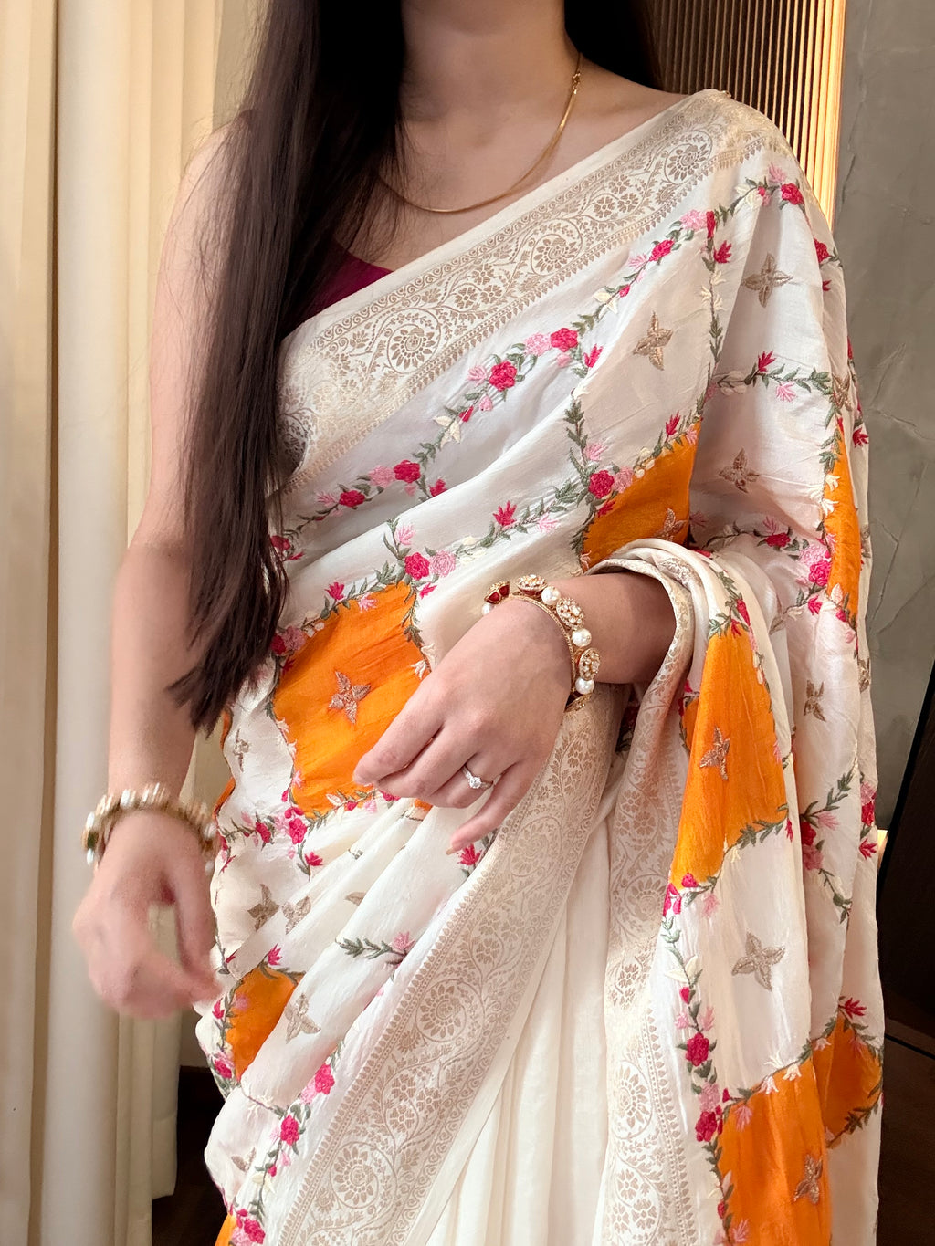 Pure dola silk checks embroidered saree - Ivory