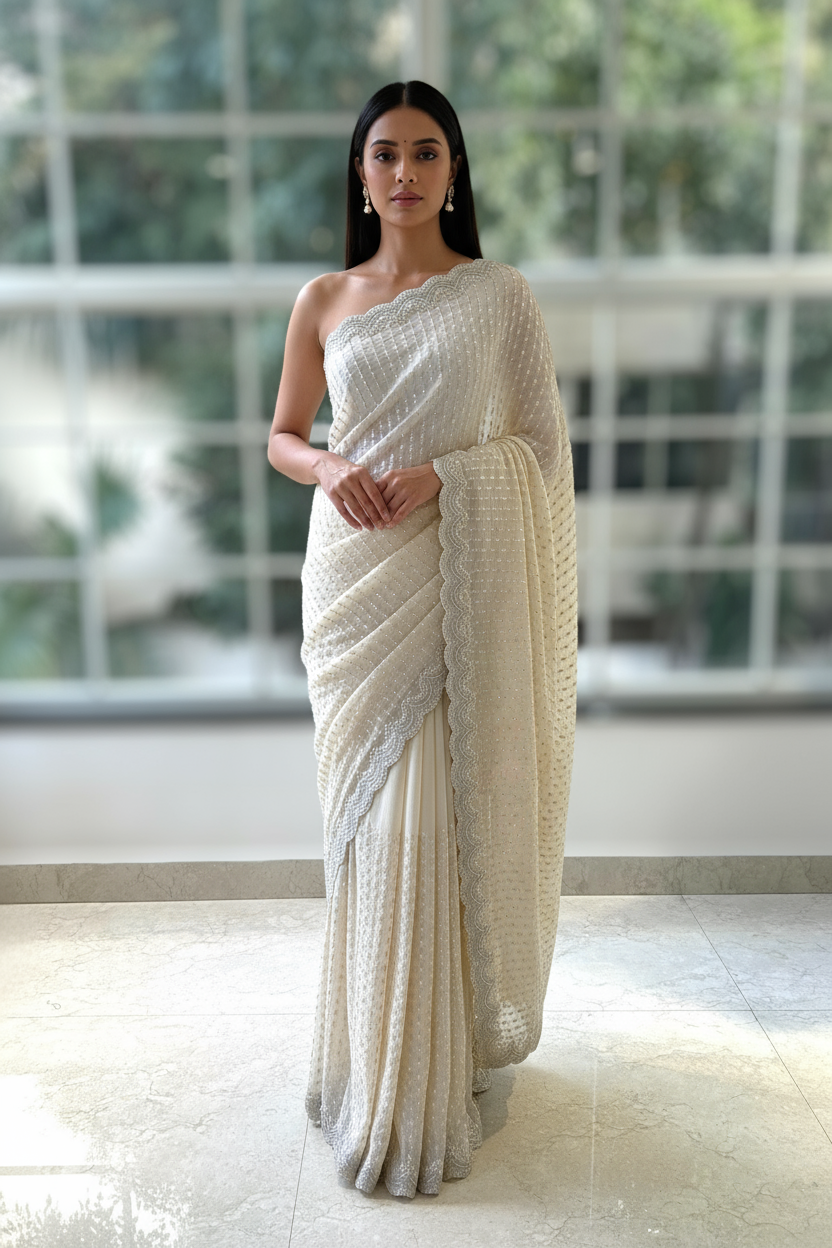 Off white sequins saree