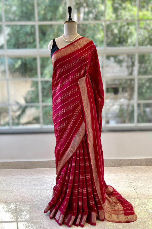 Stripes chanderi cotton zari saree - Maroon