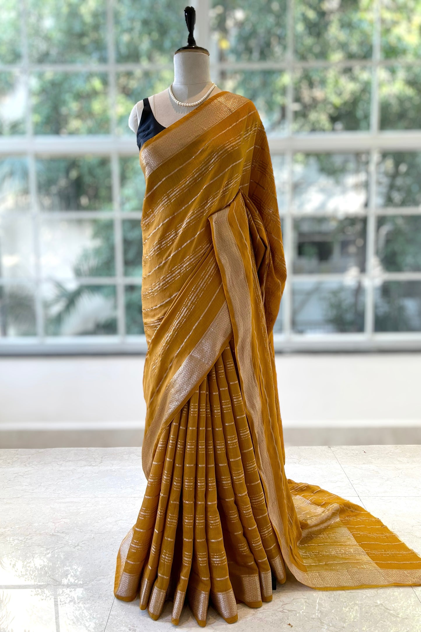 Stripes chanderi cotton saree - Mustard