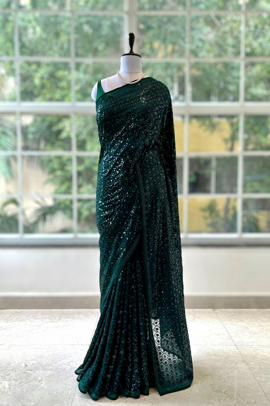 Bottle green georgette sequins saree