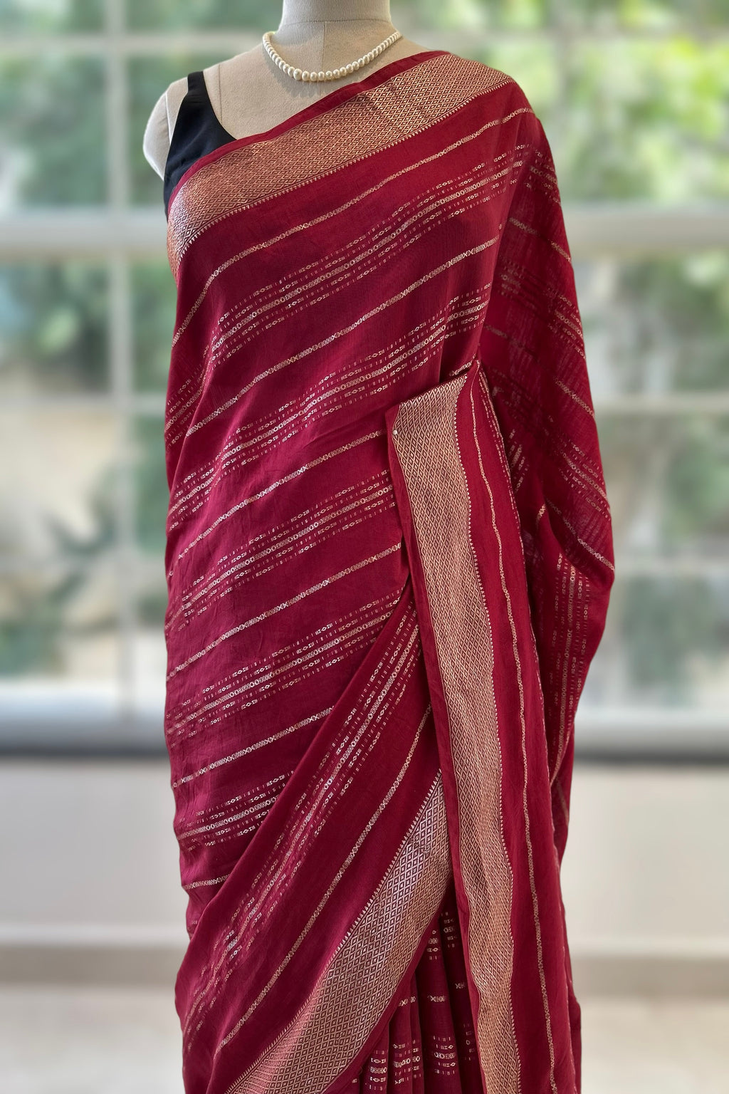 Stripes chanderi cotton zari saree - Maroon