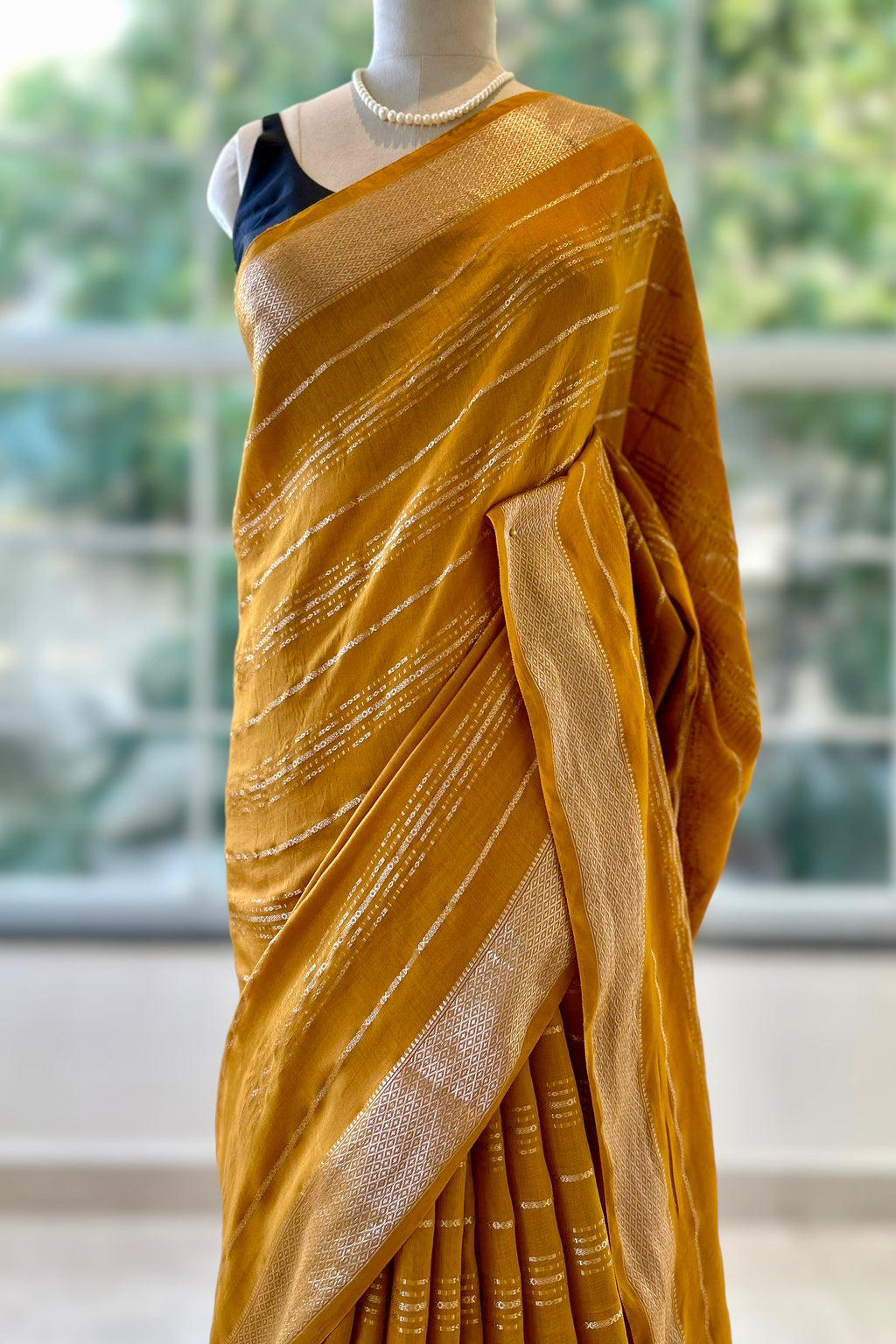 Stripes chanderi cotton saree - Mustard