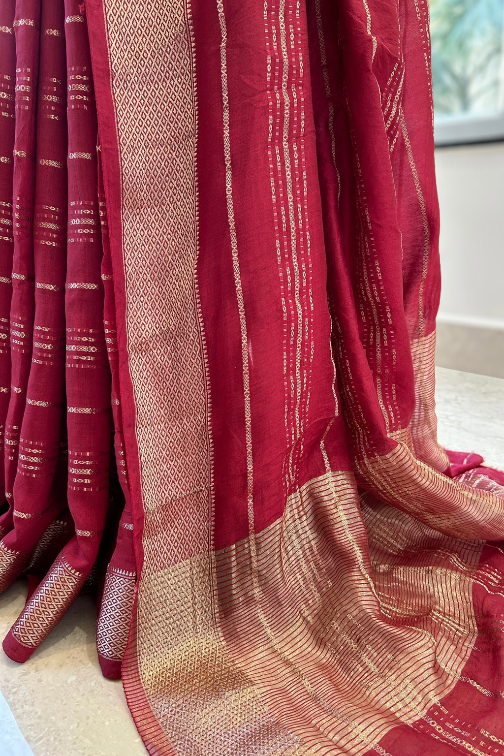 Stripes chanderi cotton zari saree - Maroon