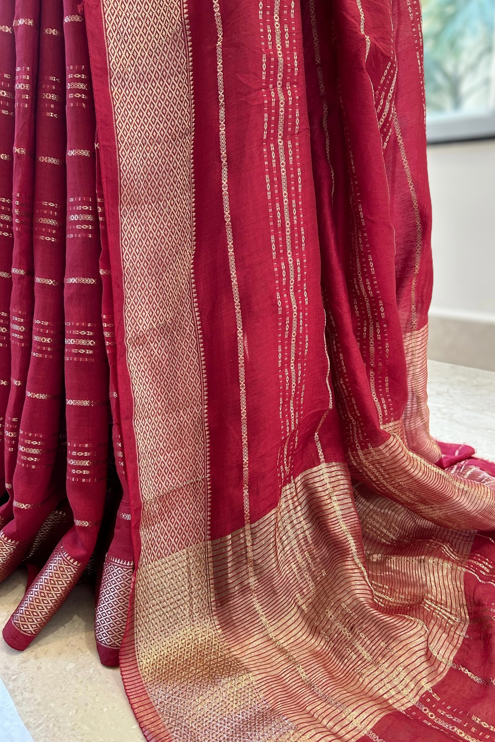Stripes chanderi cotton zari saree - Maroon
