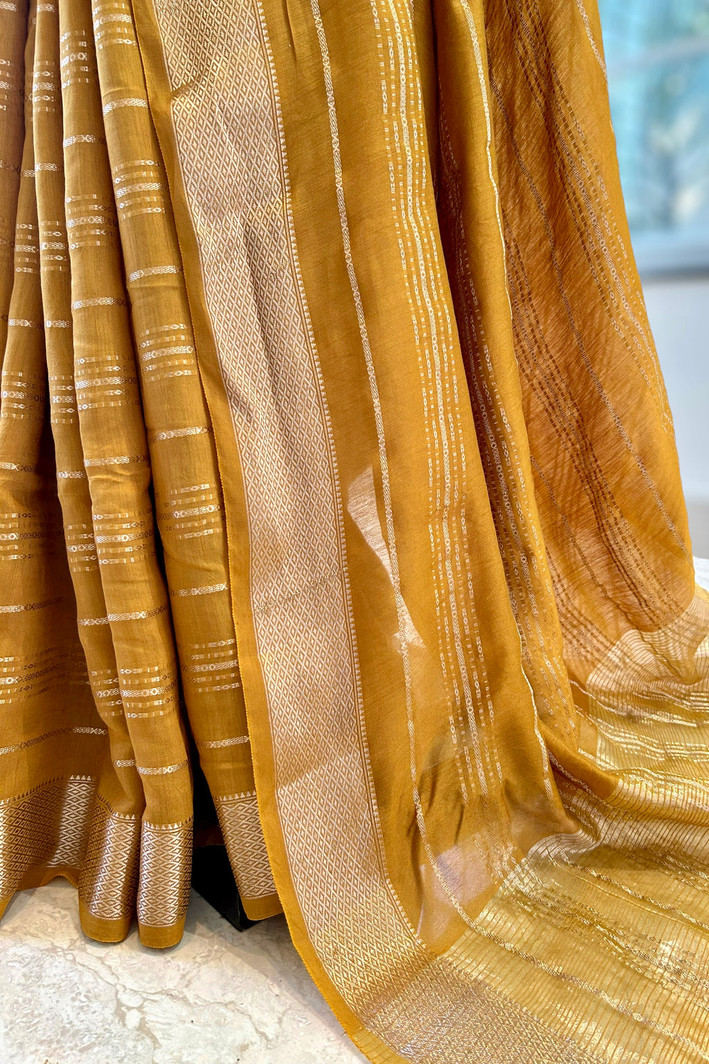 Stripes chanderi cotton saree - Mustard