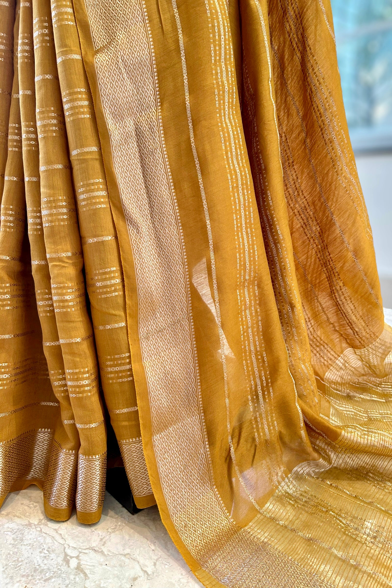 Stripes chanderi cotton saree - Mustard