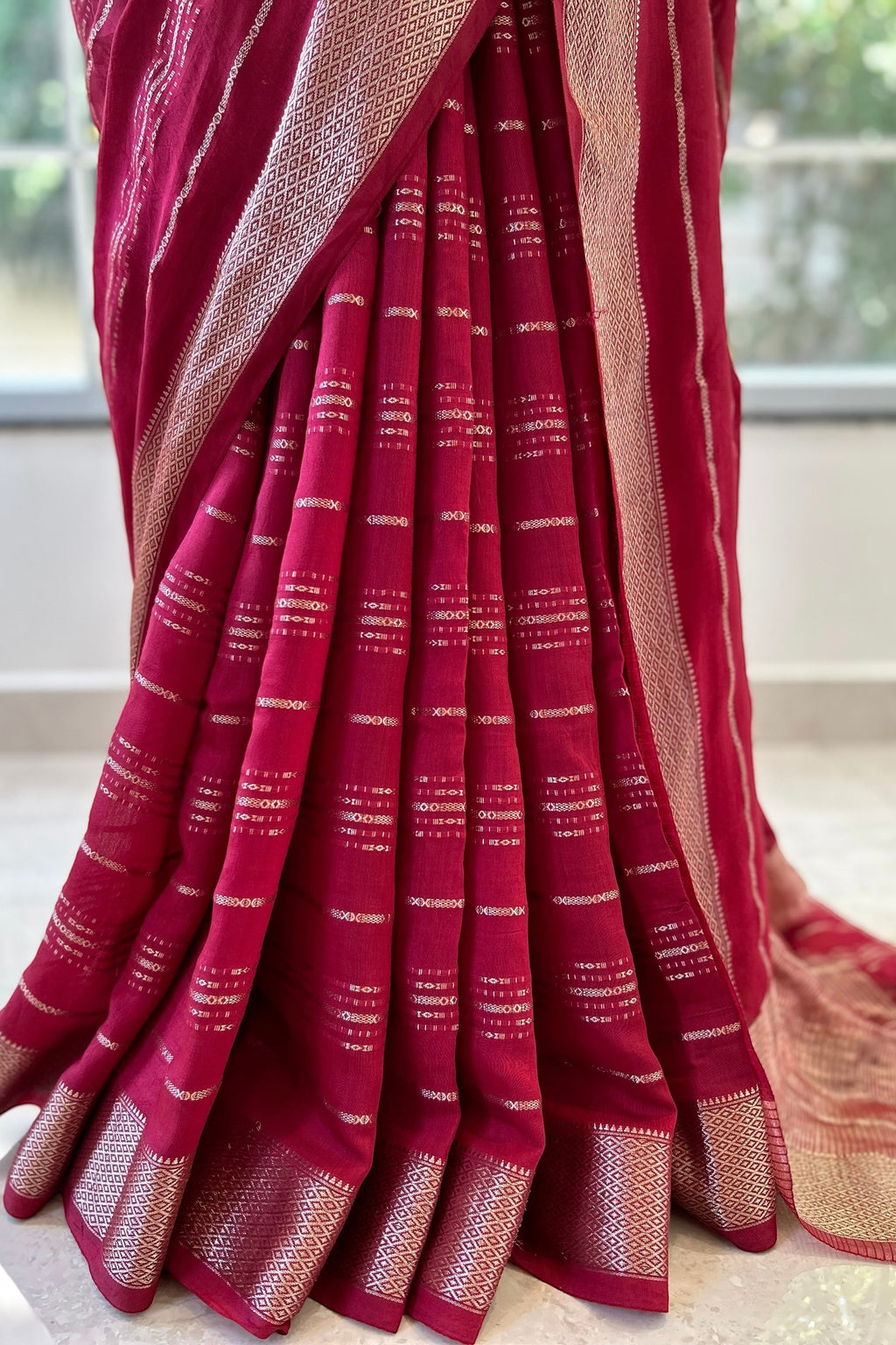 Stripes chanderi cotton zari saree - Maroon