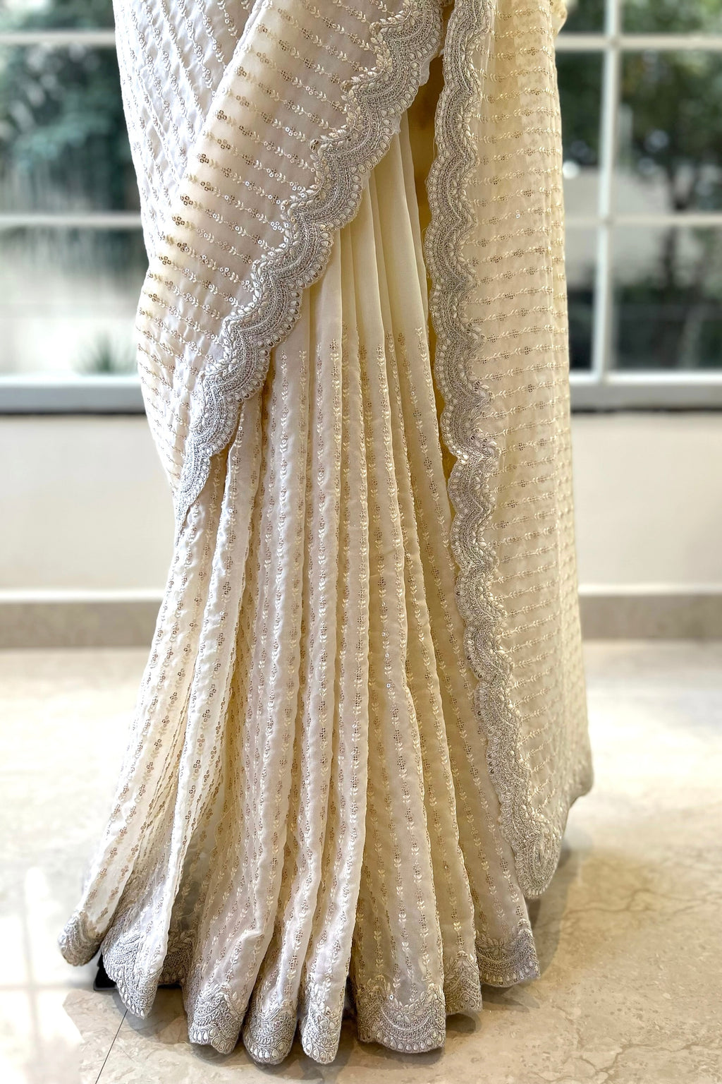 Off white sequins saree