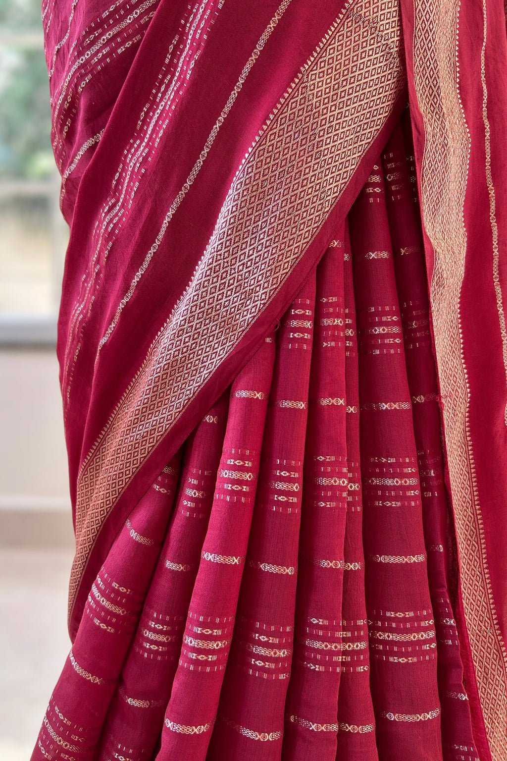 Stripes chanderi cotton zari saree - Maroon