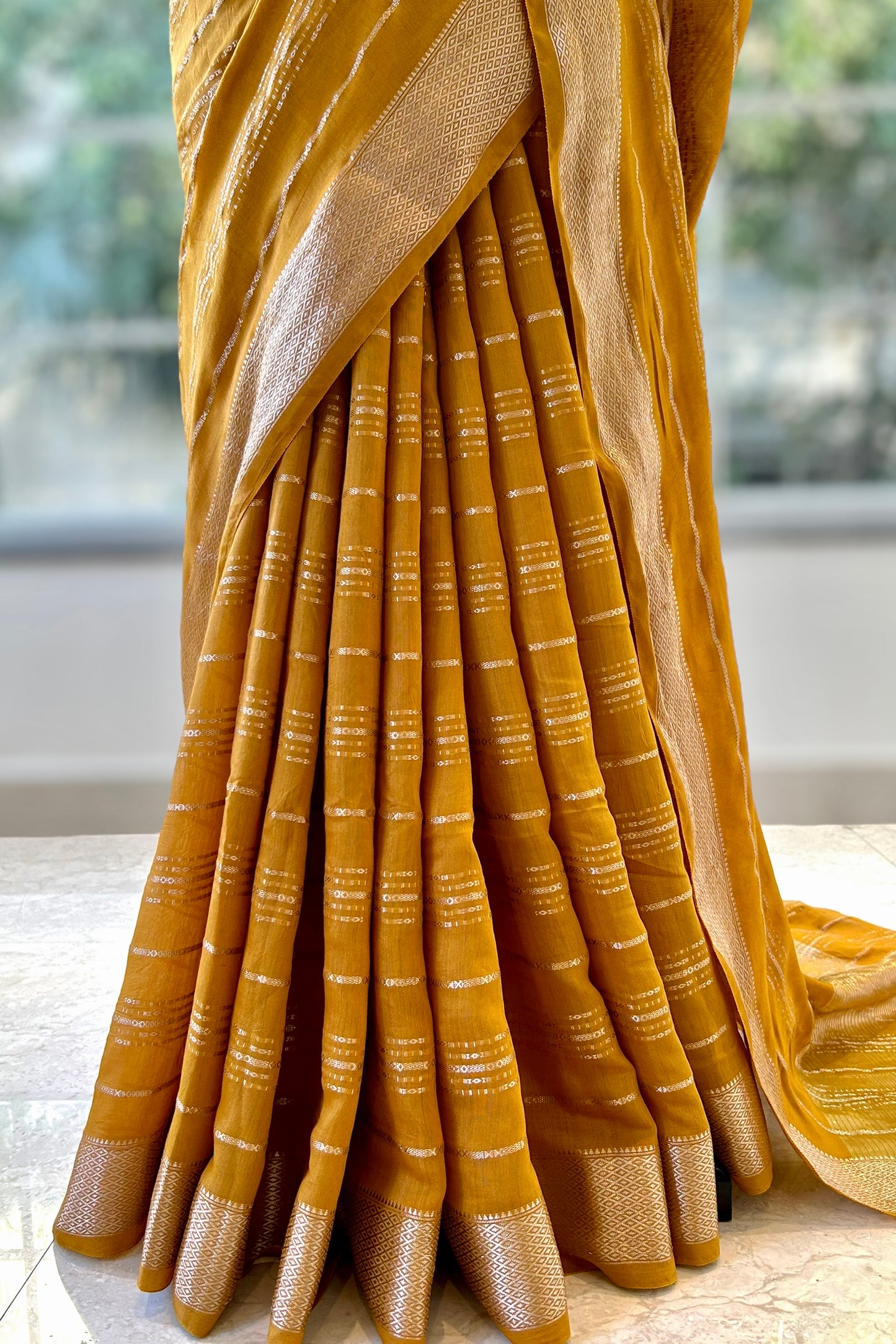 Stripes chanderi cotton saree - Mustard