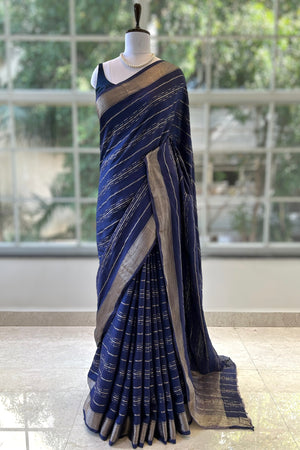 Stripes chanderi cotton zari saree - Navy Blue