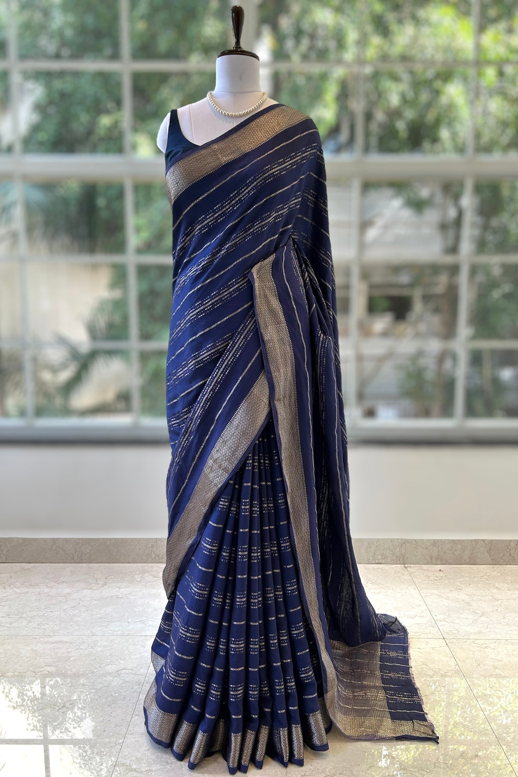 Stripes chanderi cotton zari saree - Navy Blue