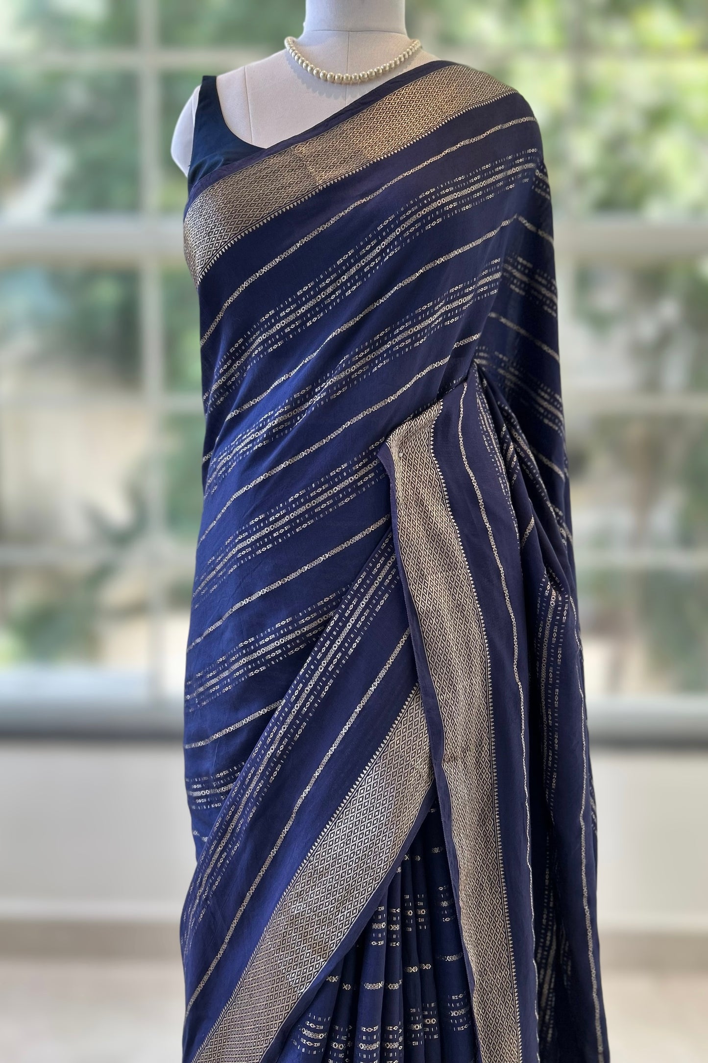 Stripes chanderi cotton zari saree - Navy Blue