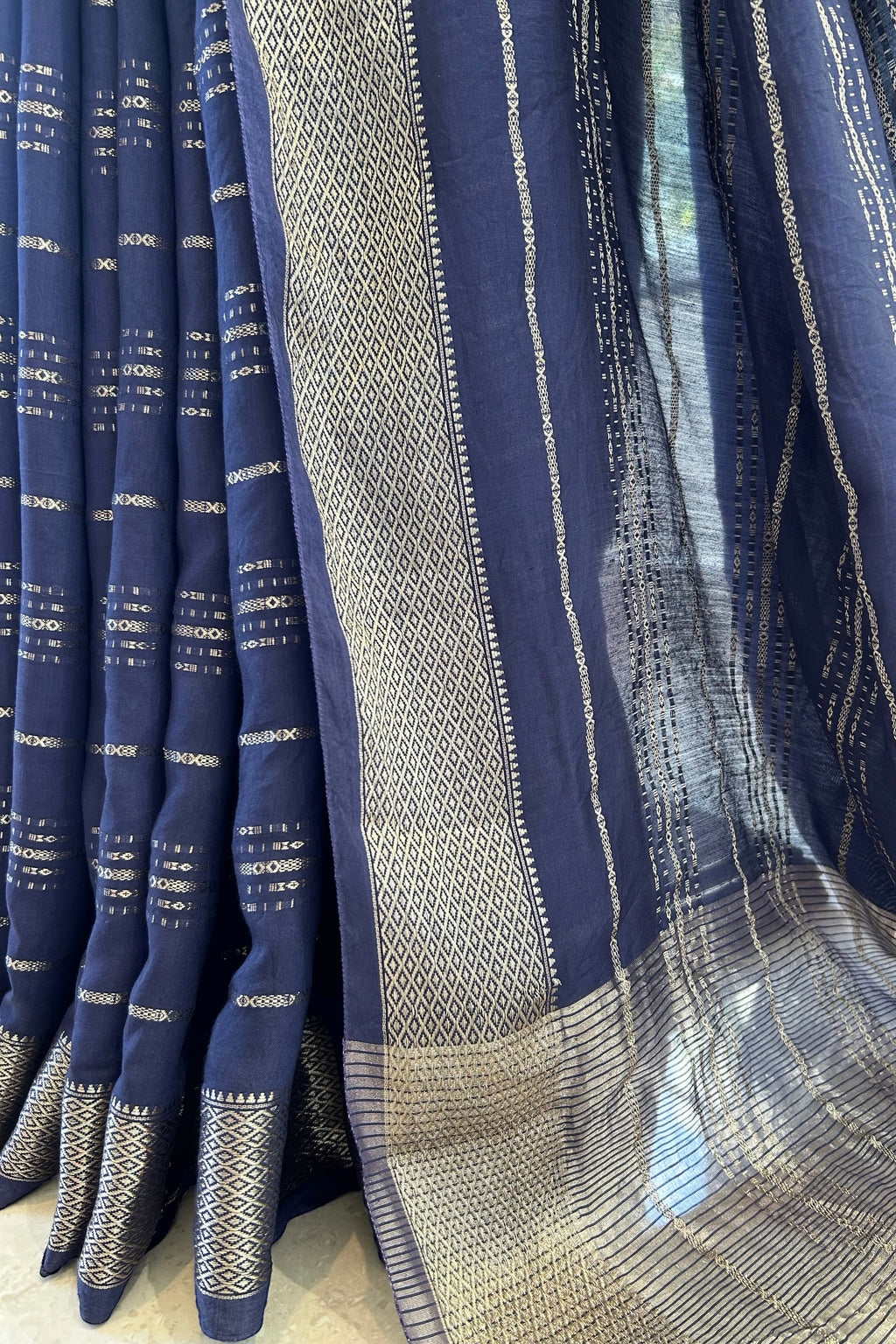 Stripes chanderi cotton zari saree - Navy Blue