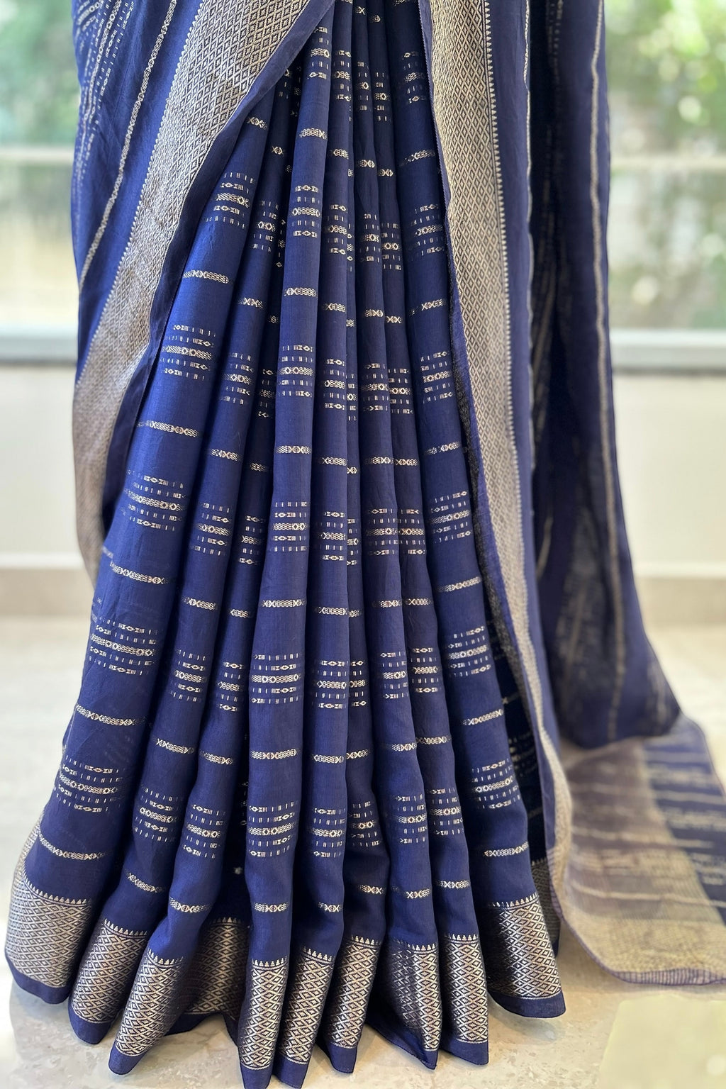 Stripes chanderi cotton zari saree - Navy Blue