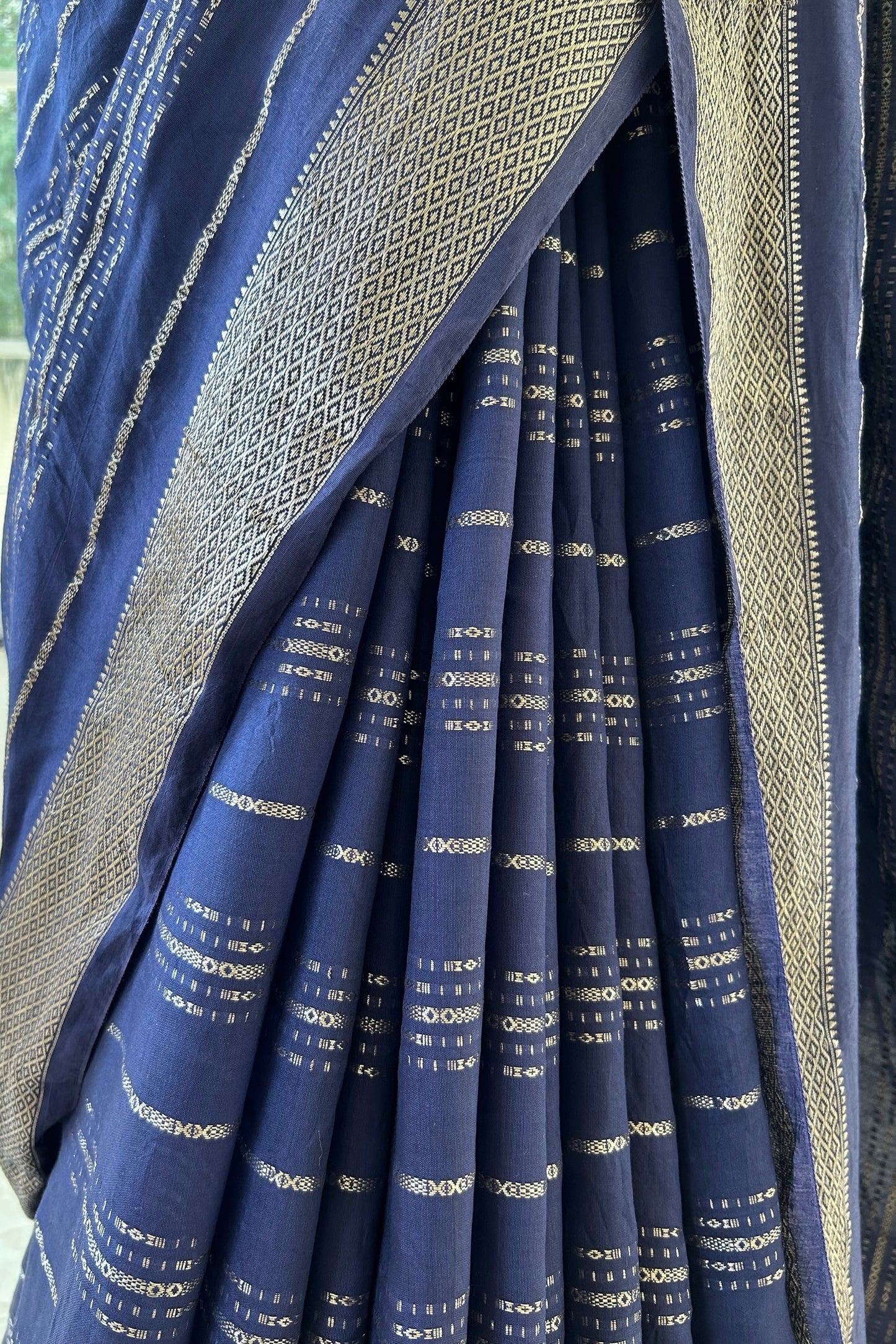 Stripes chanderi cotton zari saree - Navy Blue