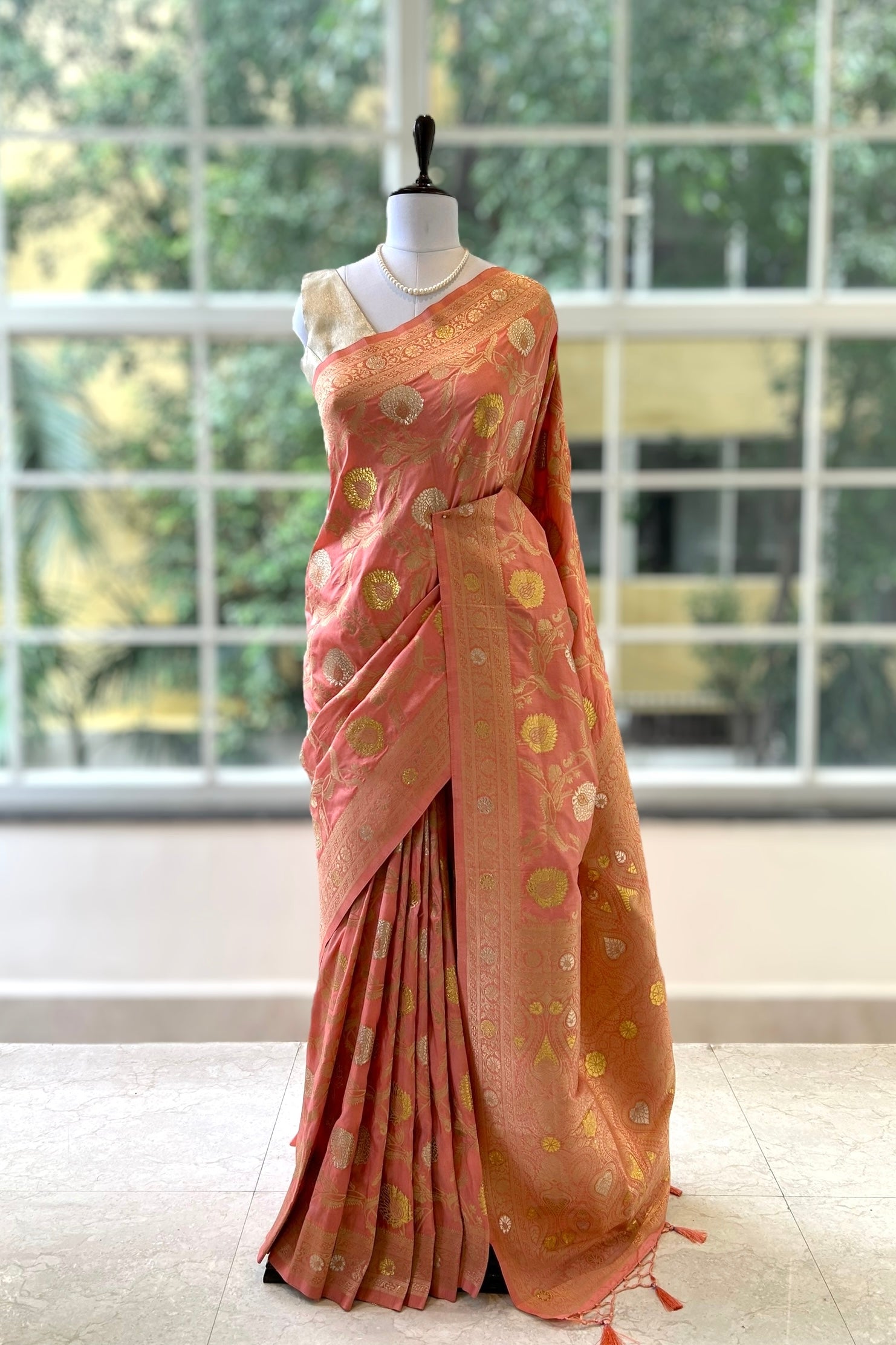 Peach silver golden soft silk saree