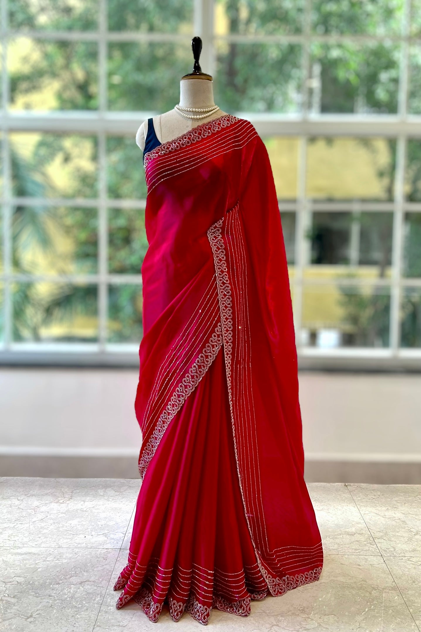 Swarovski sheen organza saree - Crimson