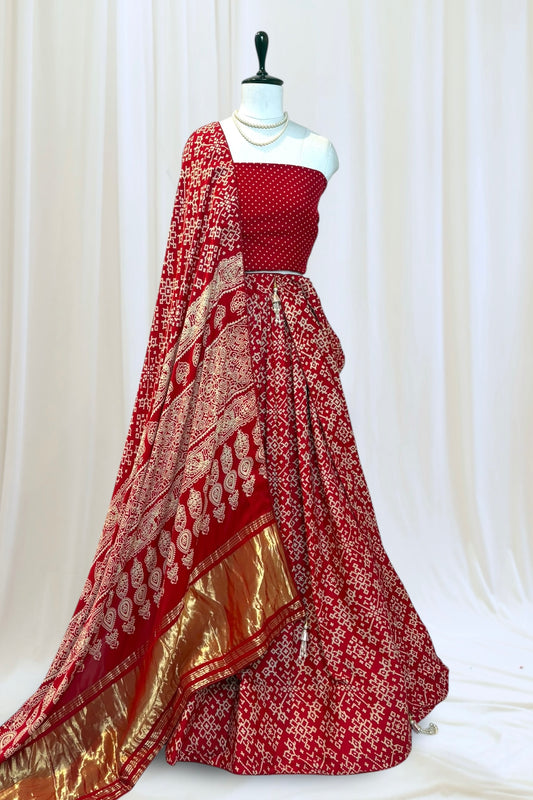 Ajrakh modal silk lehenga - Red