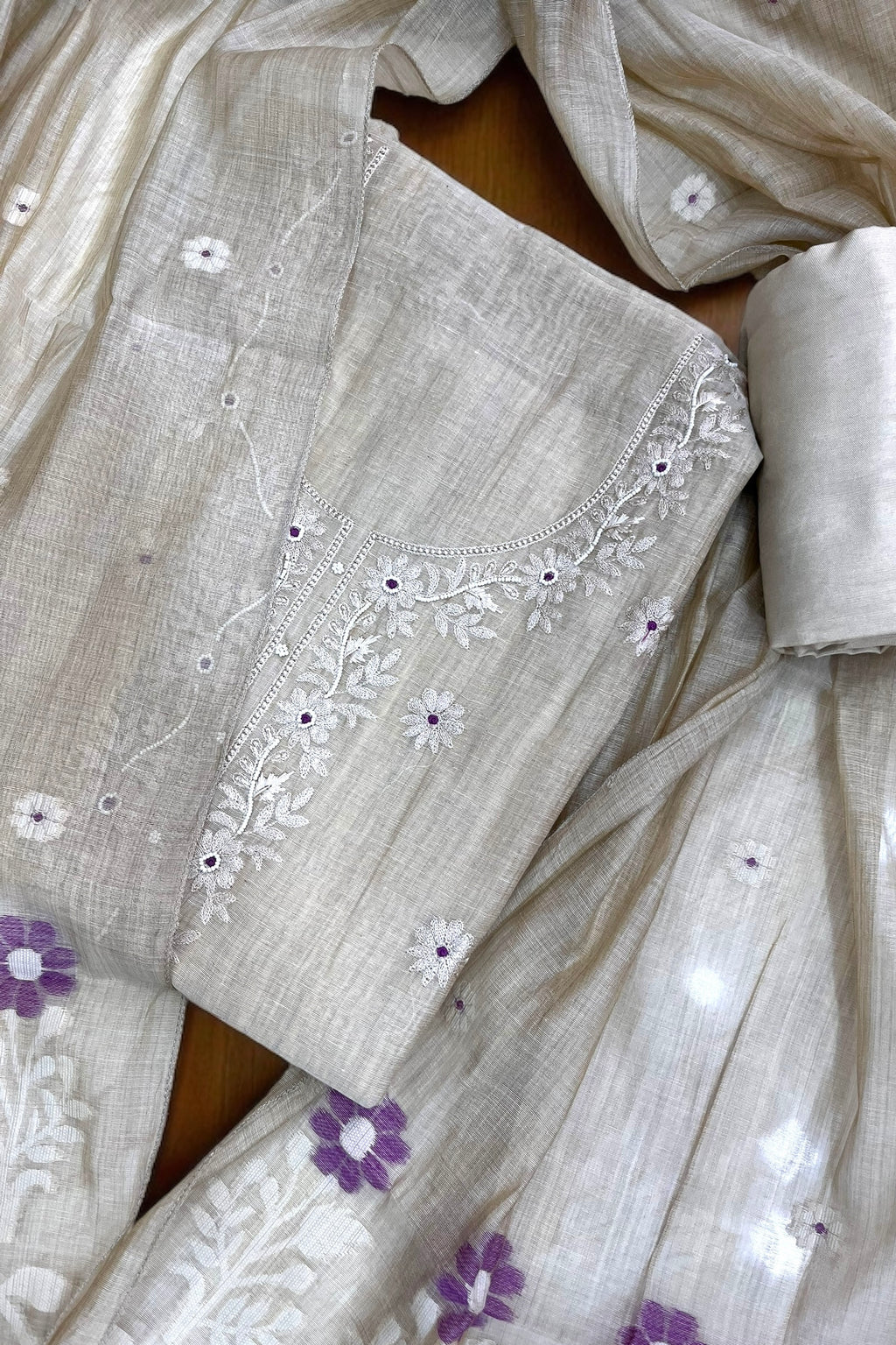 Pure linen embroidered unstitched suit set - Purple